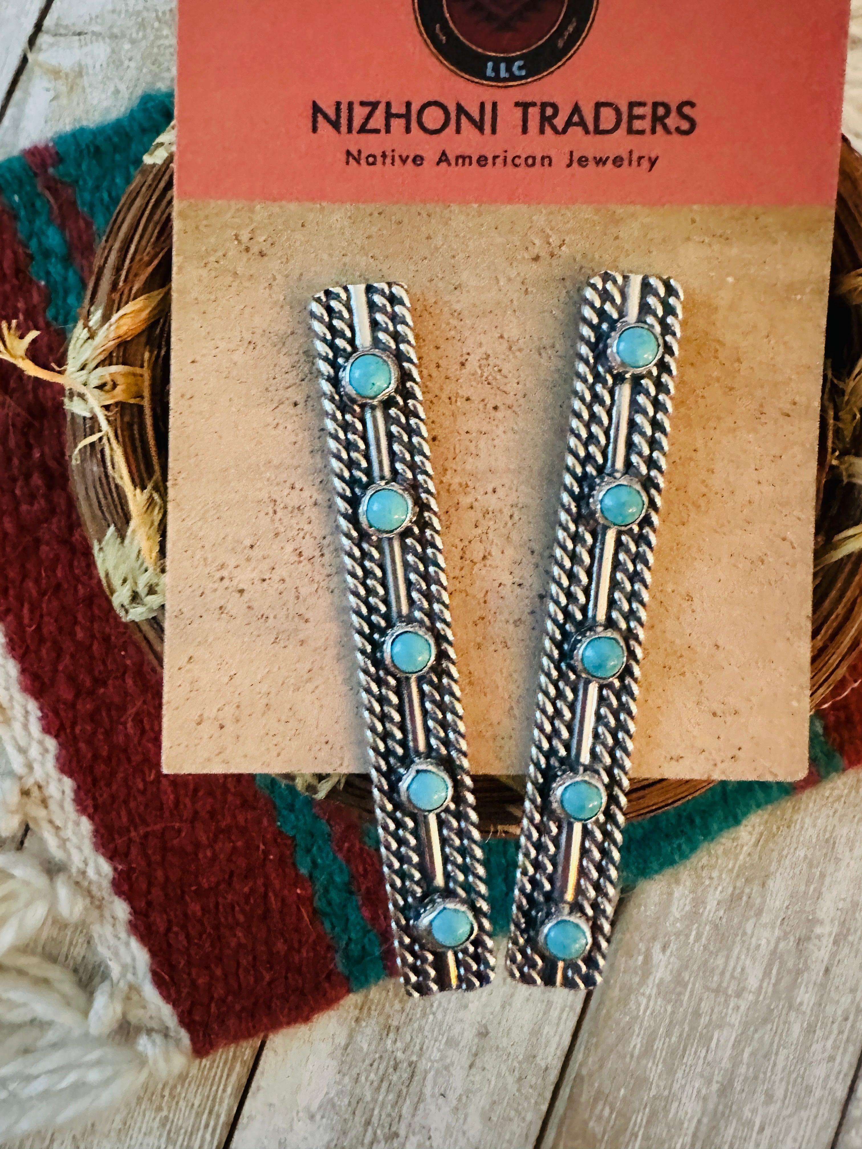 Handcrafted Sterling Silver & Turquoise Five Stone Drop Dangle Earrings