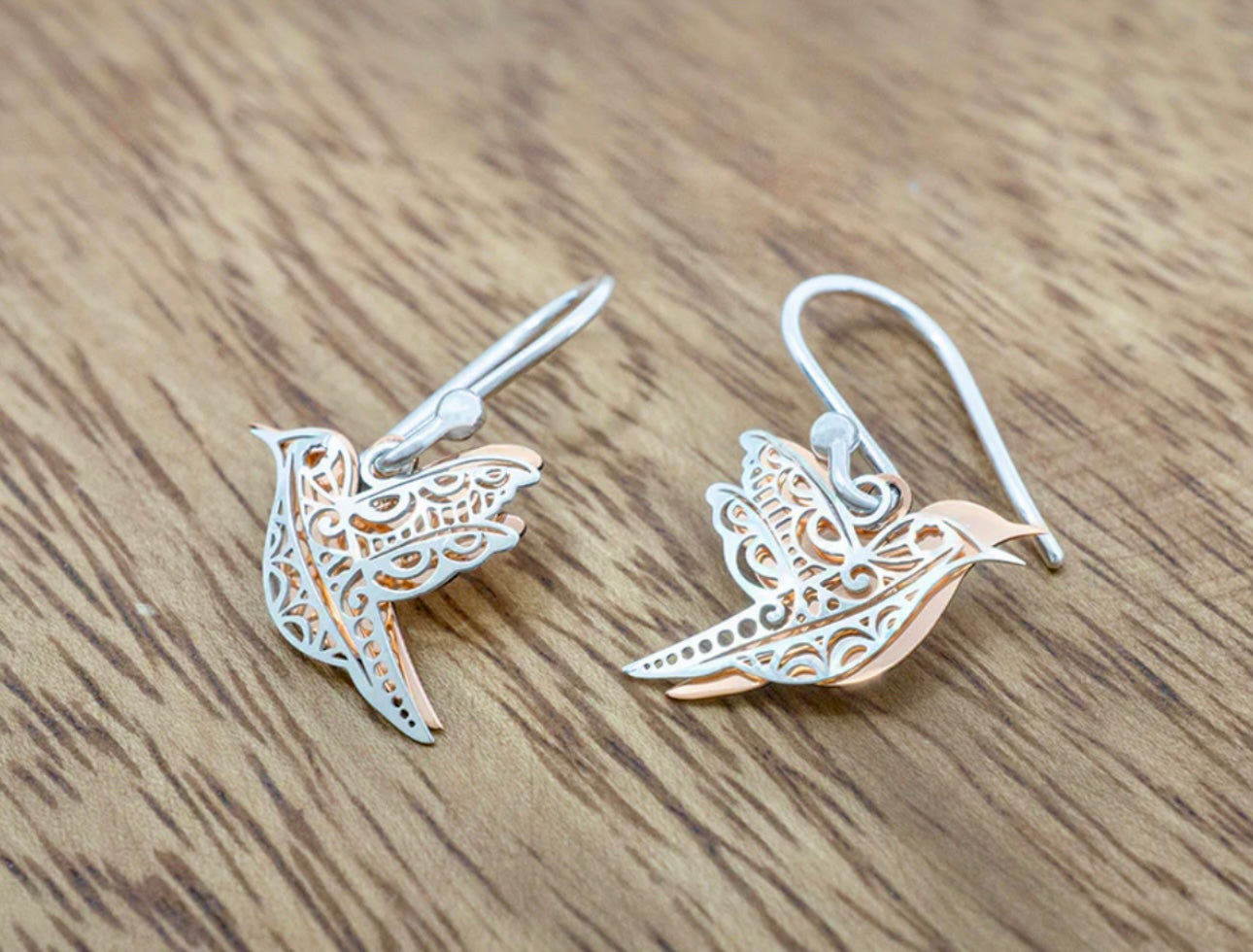 Silver & Copper Two-Piece Hummingbird Earrings on Hook