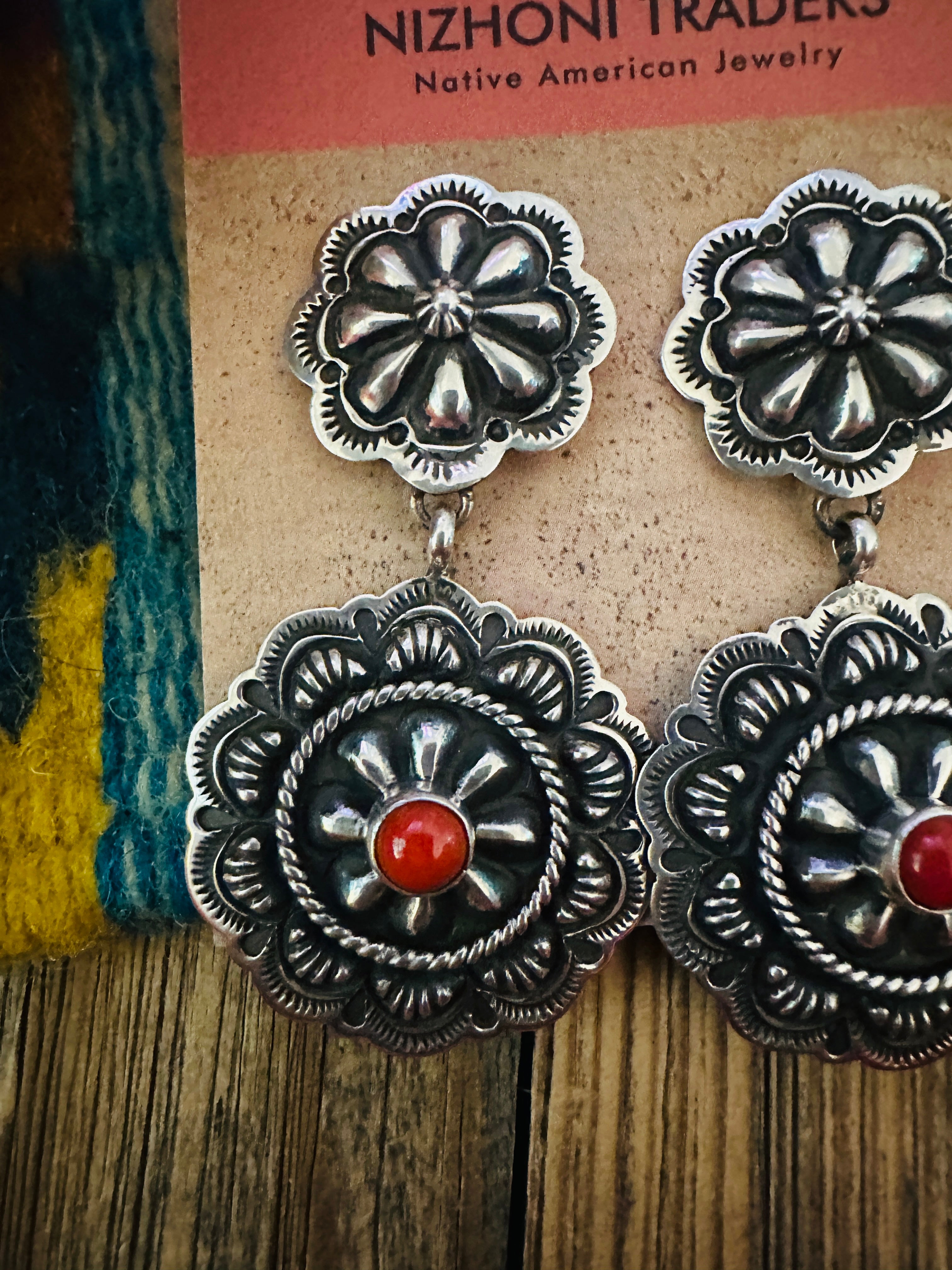 Handcrafted Coral & Sterling Silver Concho Dangle Earrings