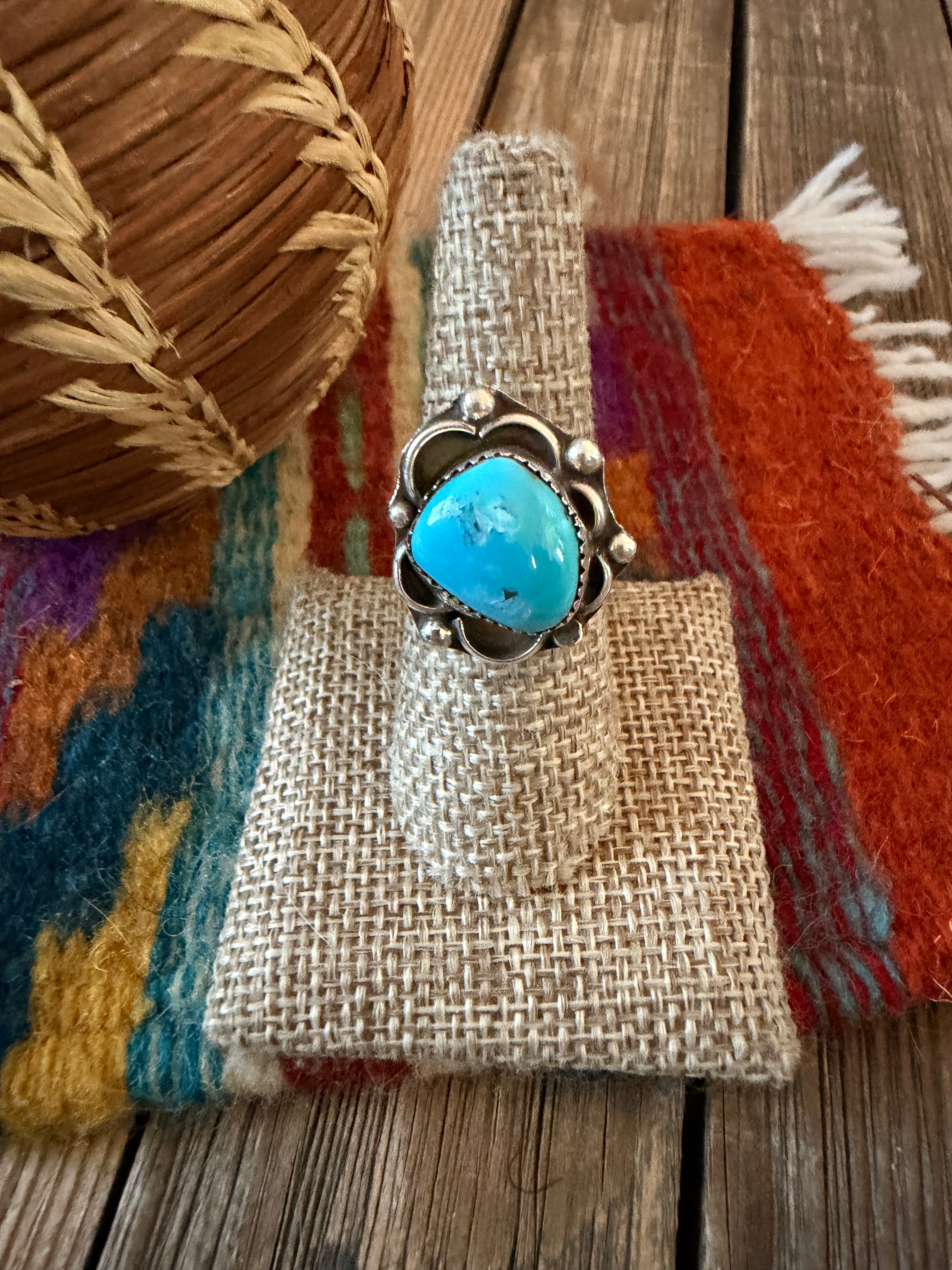 Old Pawn Handcrafted Turquoise & Sterling Silver Ring Size 7
