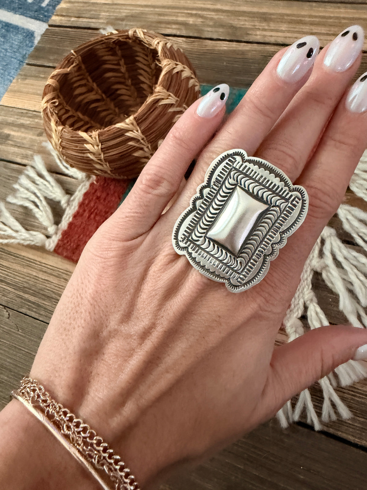 Handcrafted Sterling Silver Adjustable Concho Ring by Leander Tahe