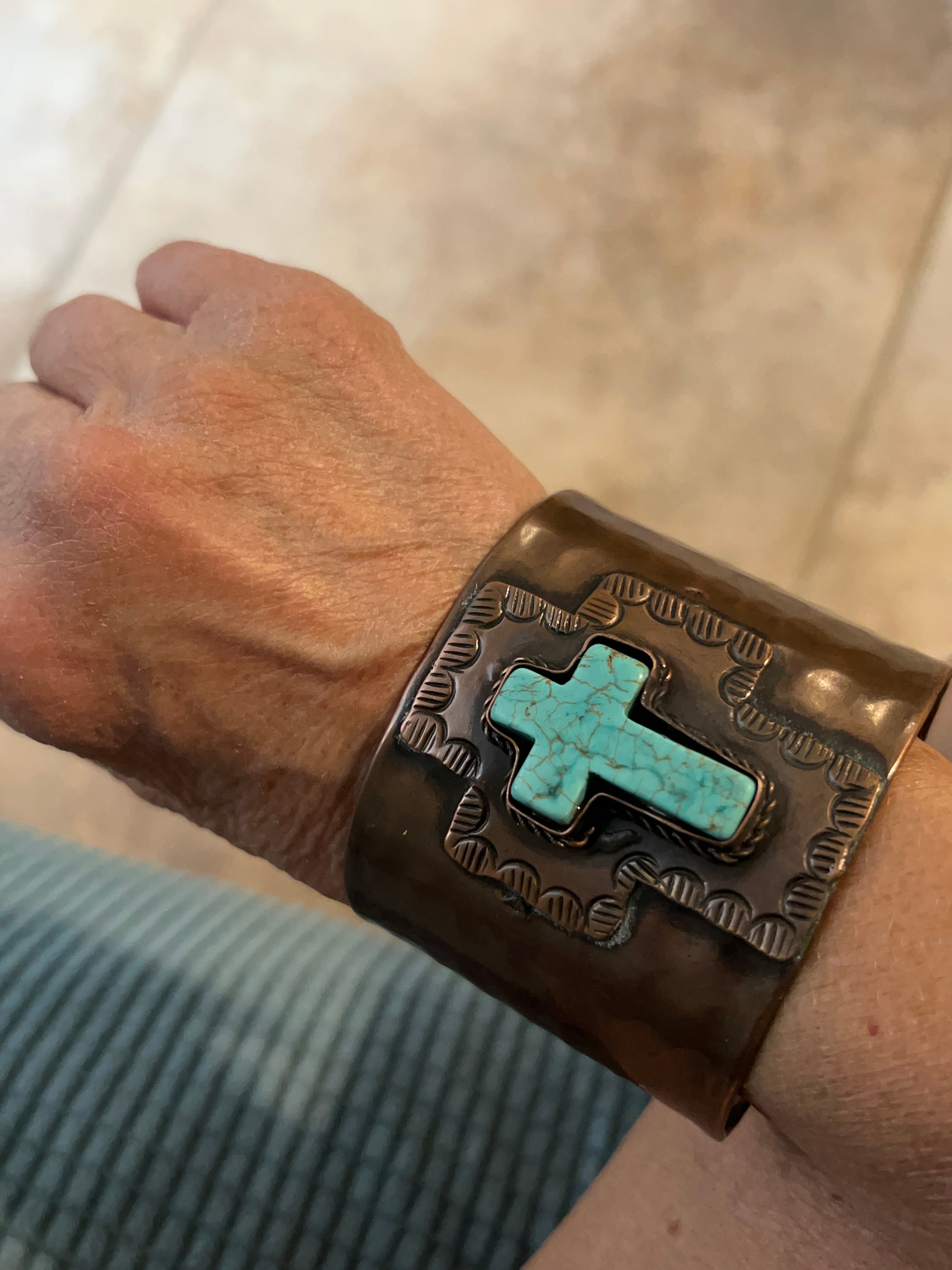 Engraved Copper Cuff Bracelet with Blue Cross