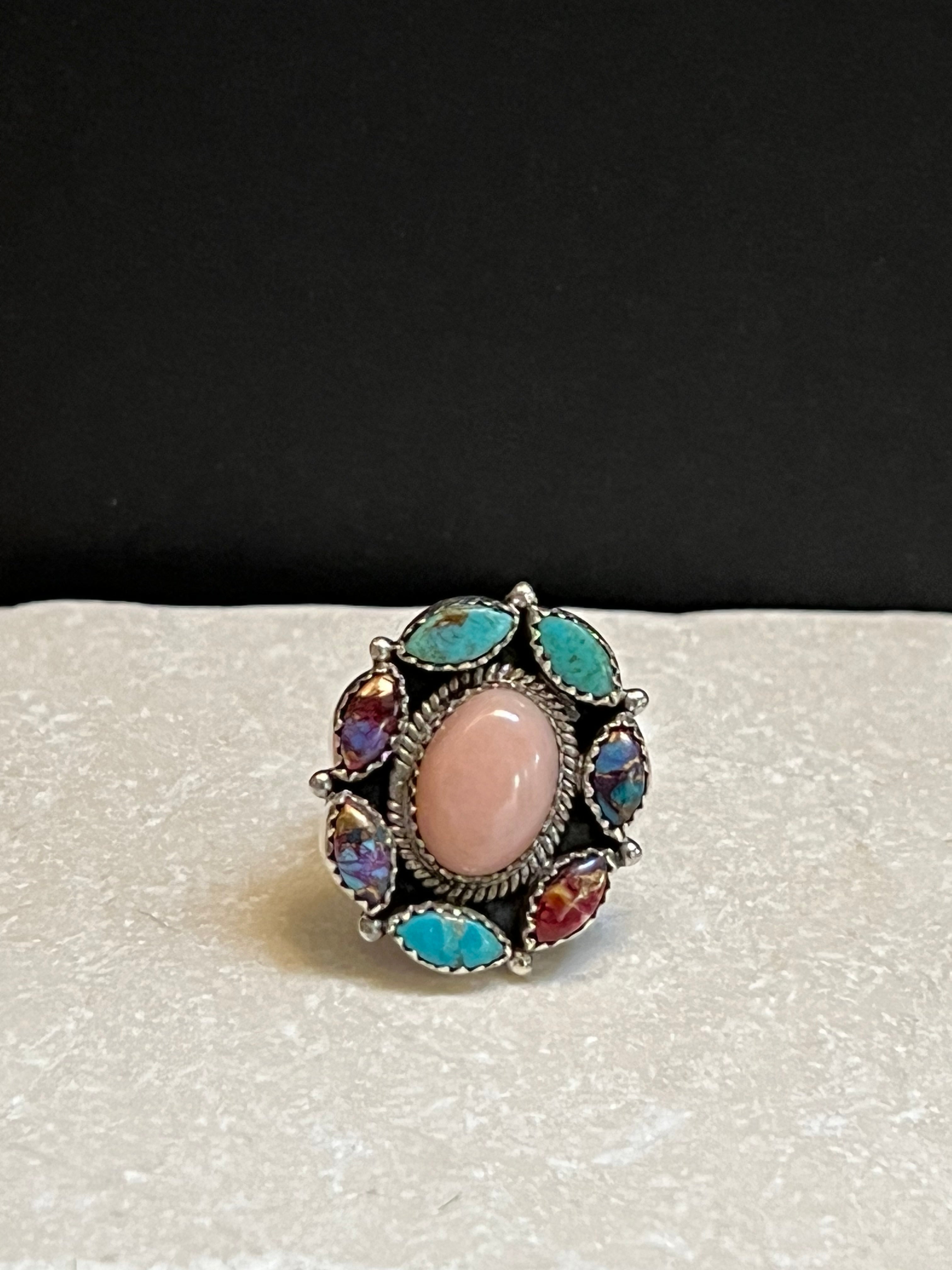 Handmade Sterling Silver Pink Conch, Purple Dream Mojave, Turquoise Cluster Adjustable Ring
