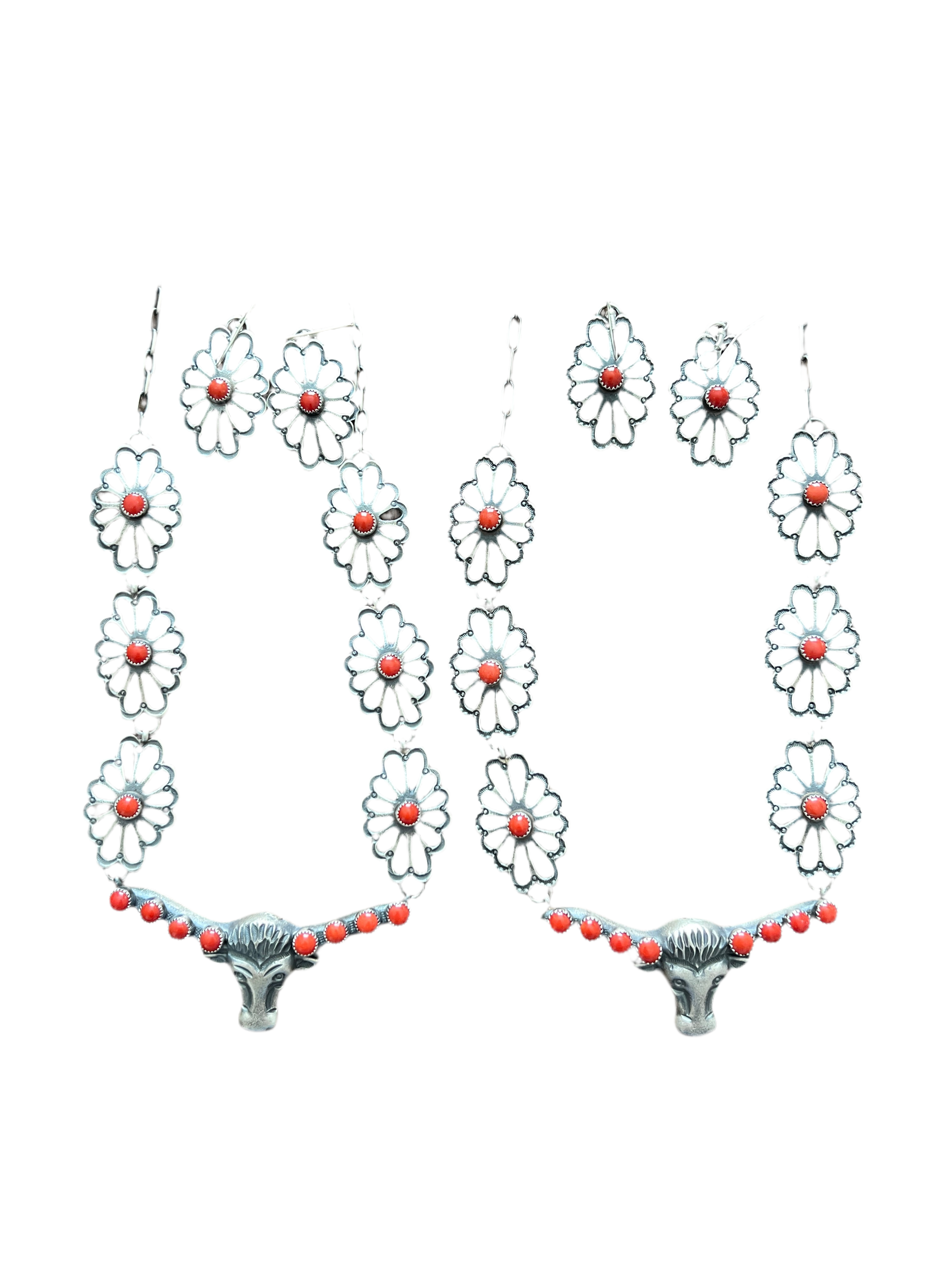 Handcrafted Sterling Silver and Mediterranean Coral Steer Head Concho Necklace & Earrings by Kevin Billah