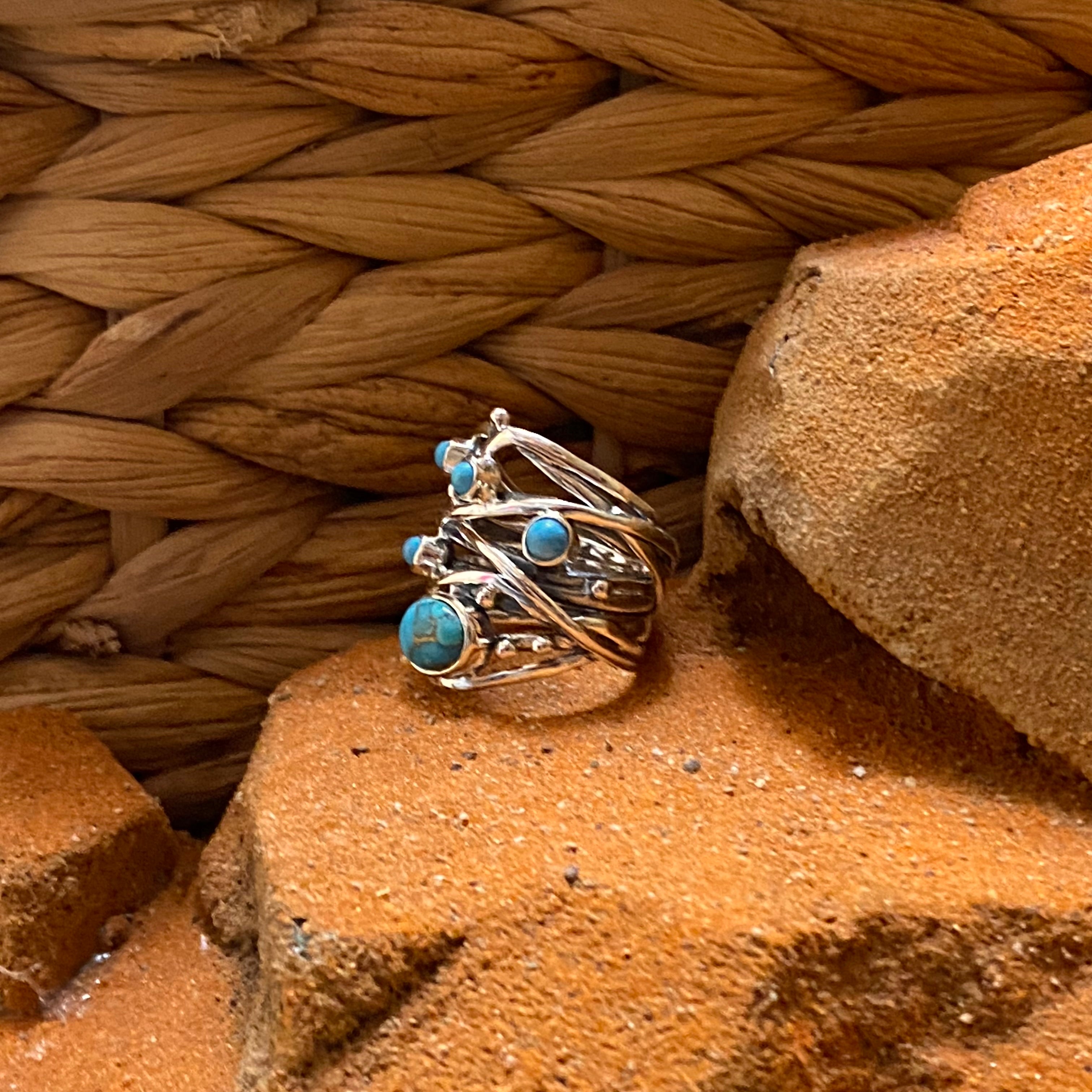 Sterling Silver Five Stone Copper Turquoise Strand Ring Size 8.5