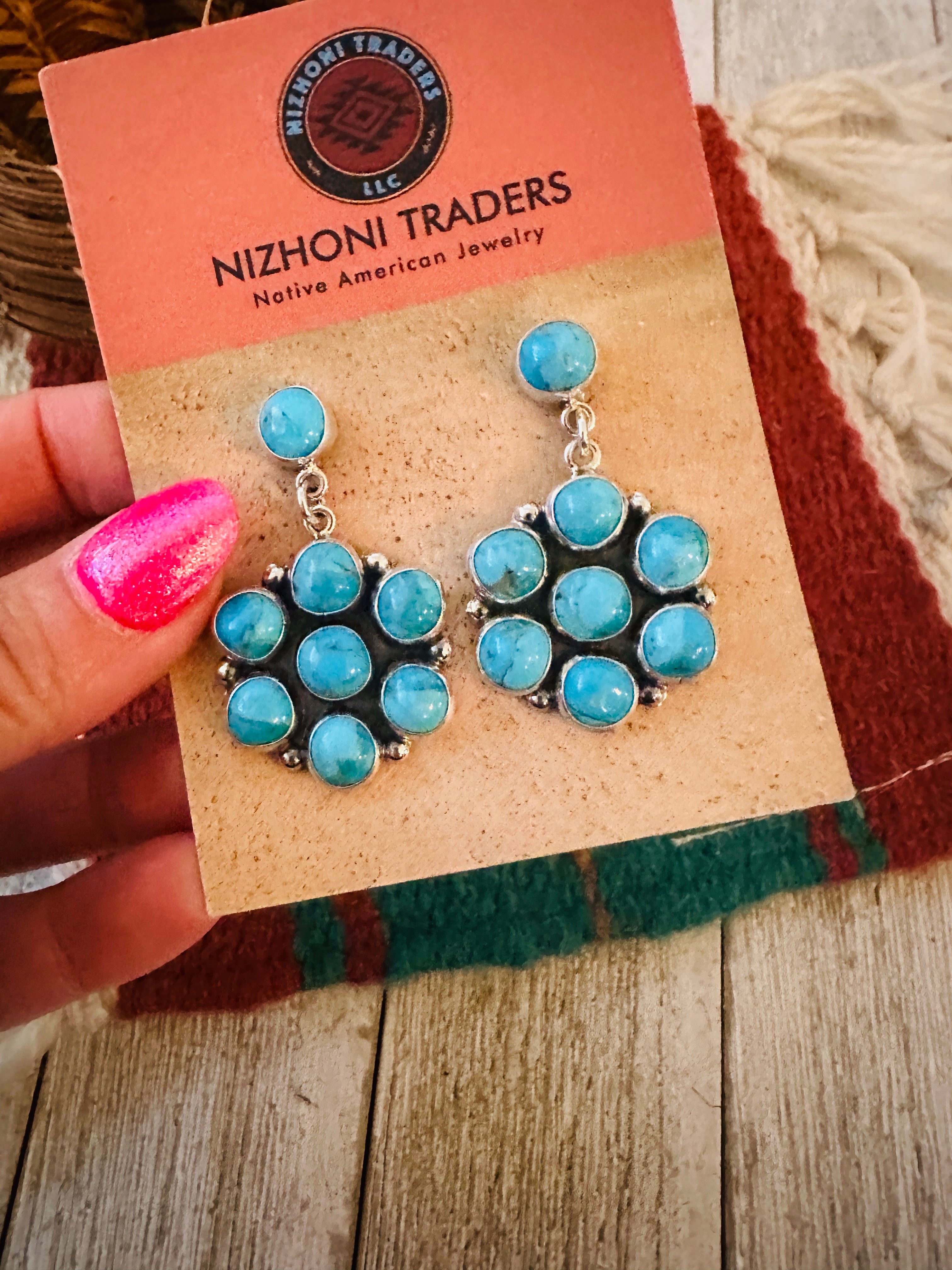 Handcrafted Sterling Silver & Turquoise Cluster Dangle Earrings