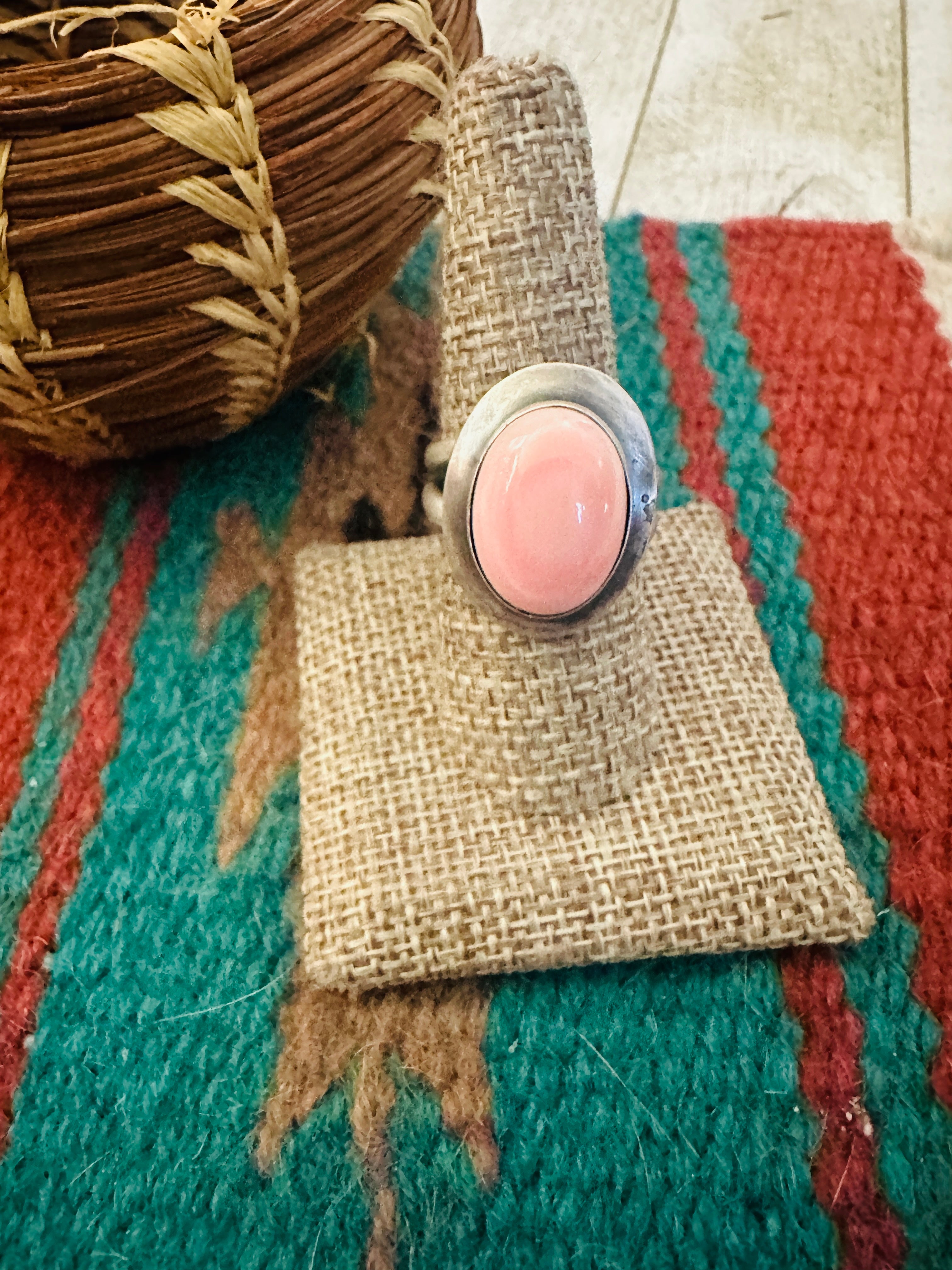 Handcrafted Queen Pink Conch & Sterling Silver Adjustable Ring