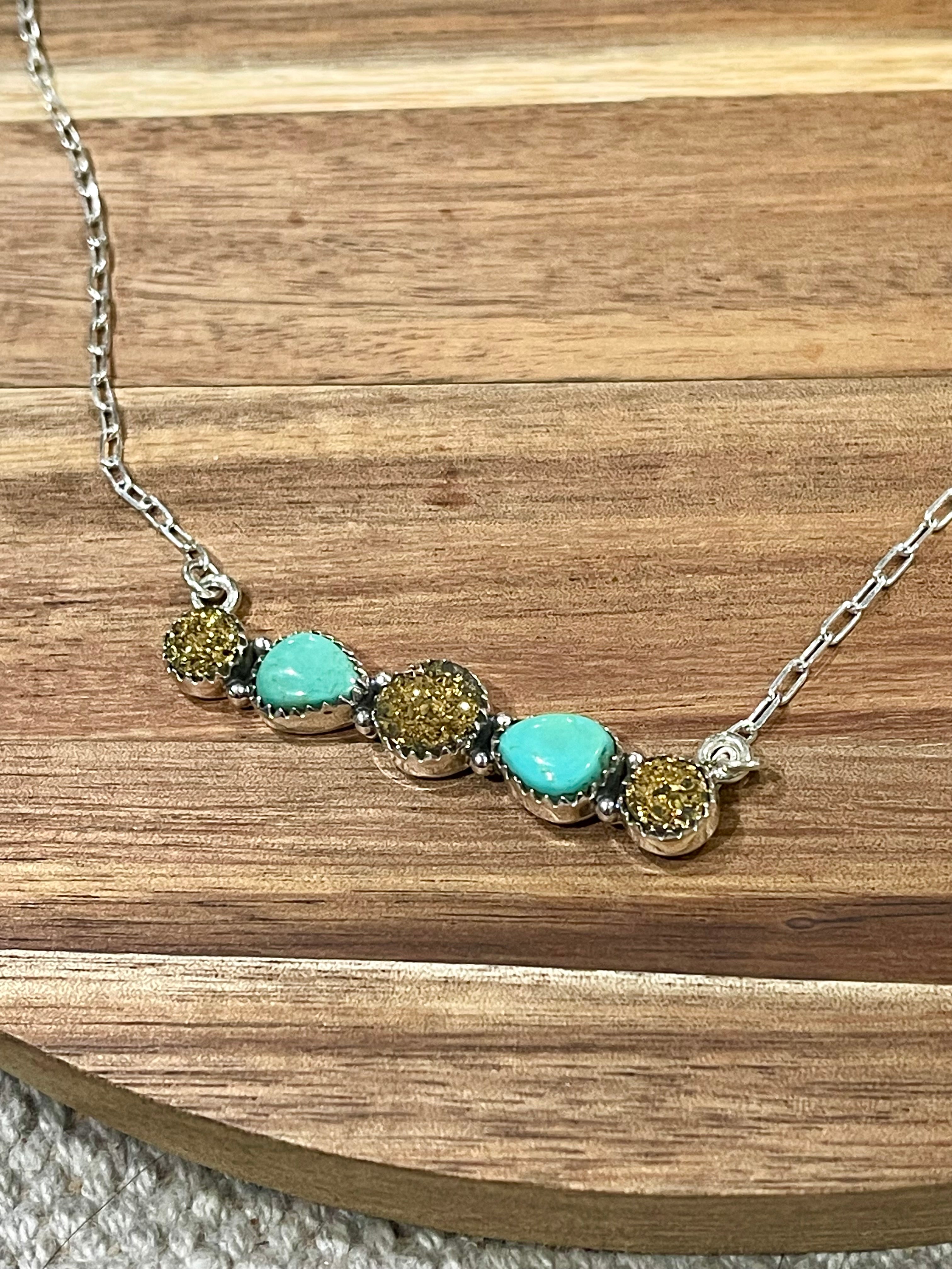 Beautiful Handmade Sterling Silver , Turquoise & Druzy Bar Necklace