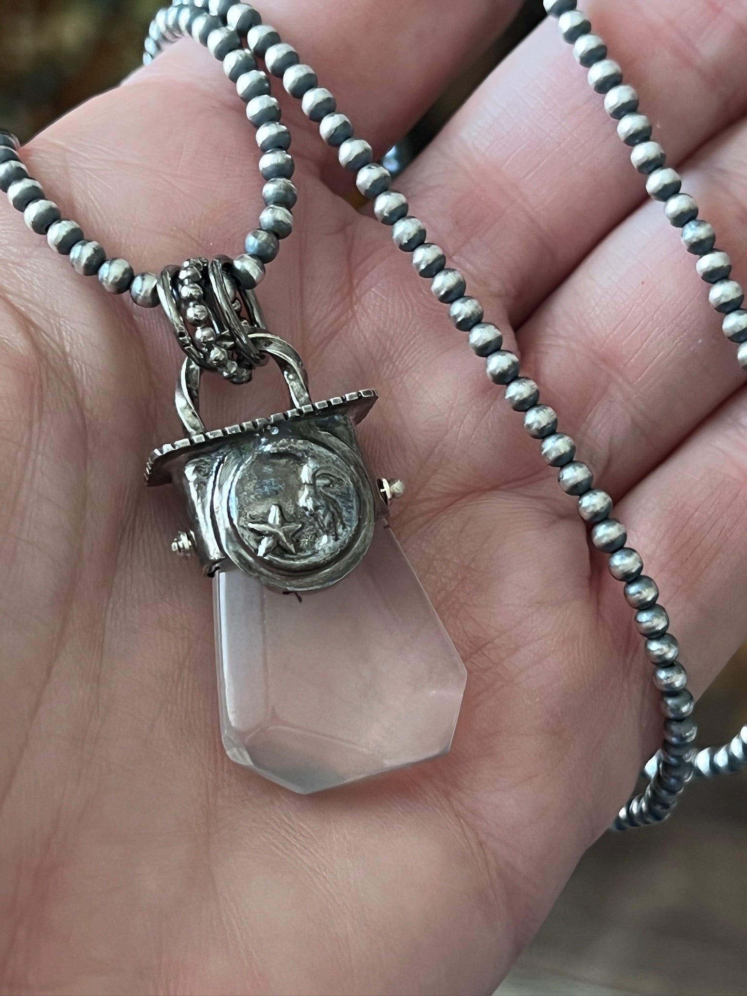 Sterling Silver Gem Collector 30” + 2” Beaded Necklace w/ Tularosa Quartz & Moon Pendant 2