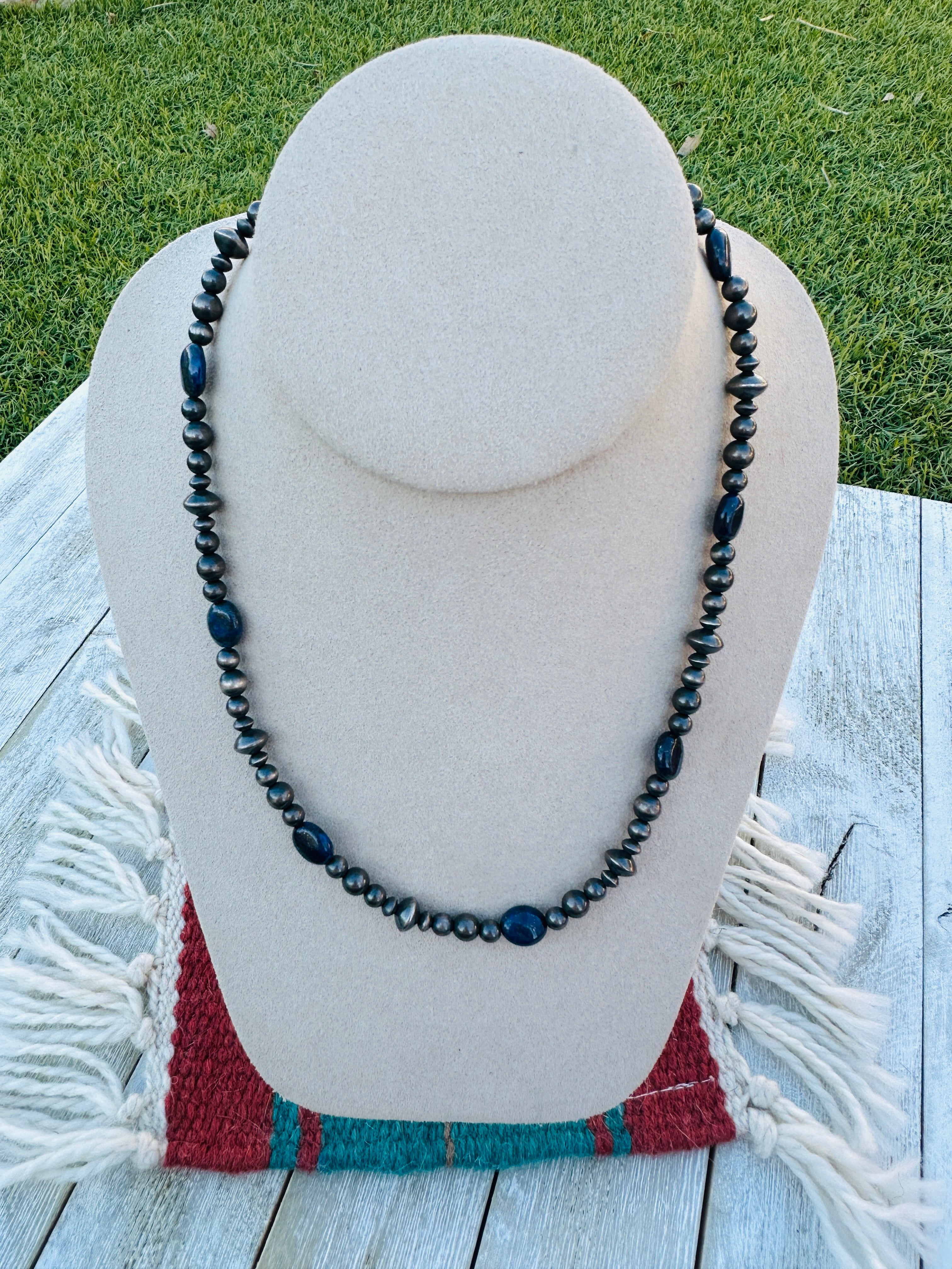 Handcrafted Sterling Silver Pearl & Lapis 18” Beaded Necklace
