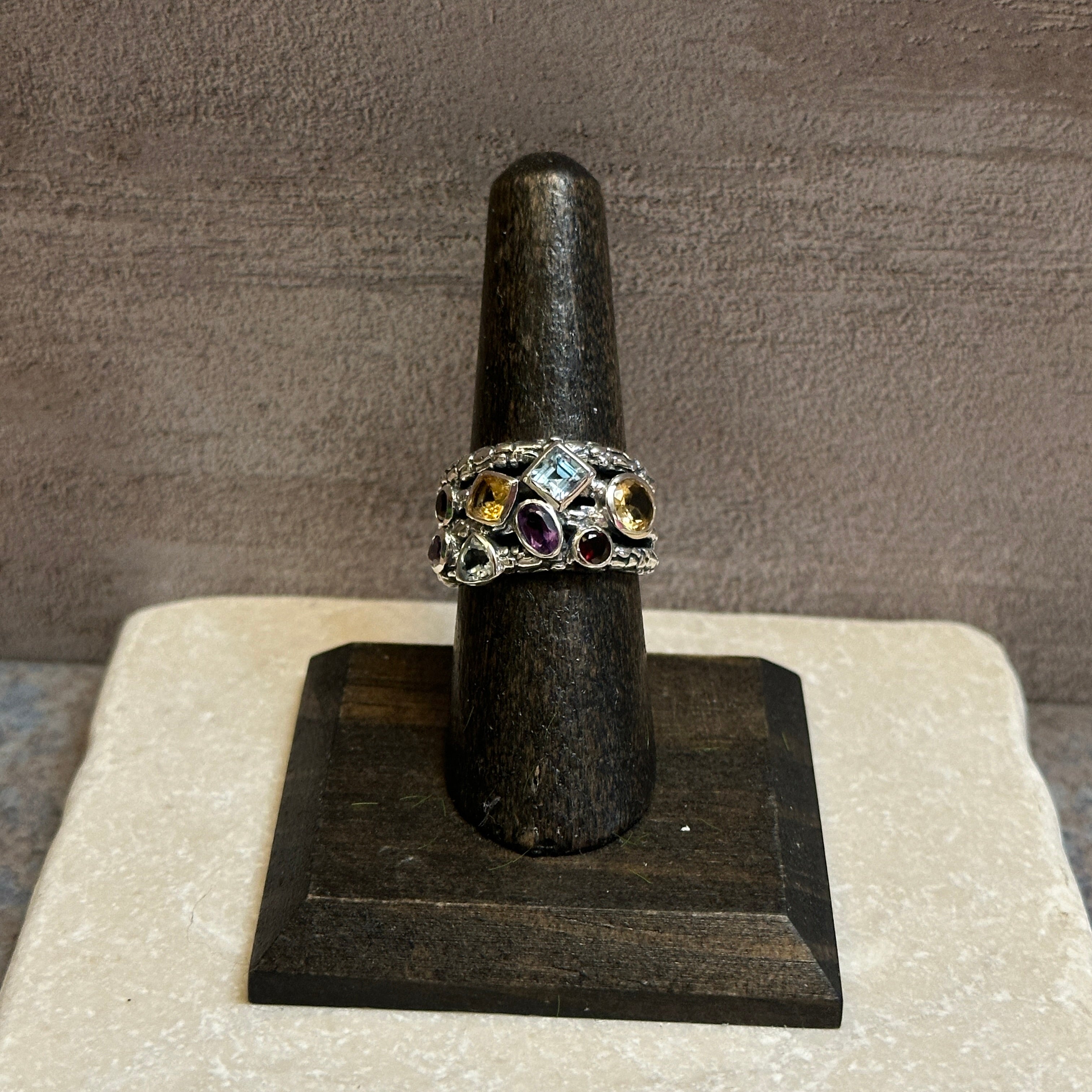Sterling Silver Amethyst, Blue Topaz, Citrine, & Garnet Ring Size 6.5