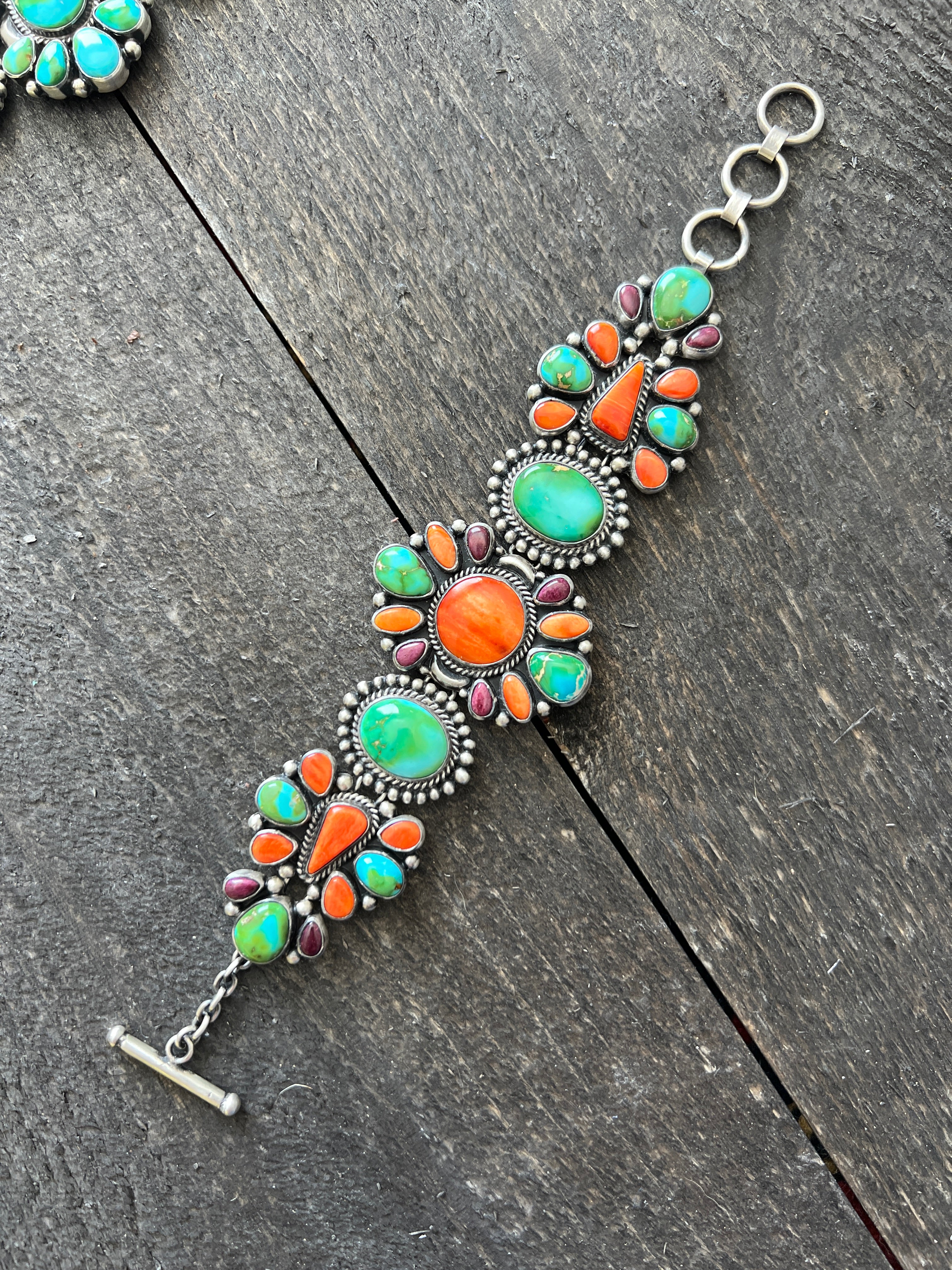 Stunning Sterling Silver, Sonoran Mountain Turquoise and Spiny Oyster Shell Cluster Link Bracelets by Diane Wylie