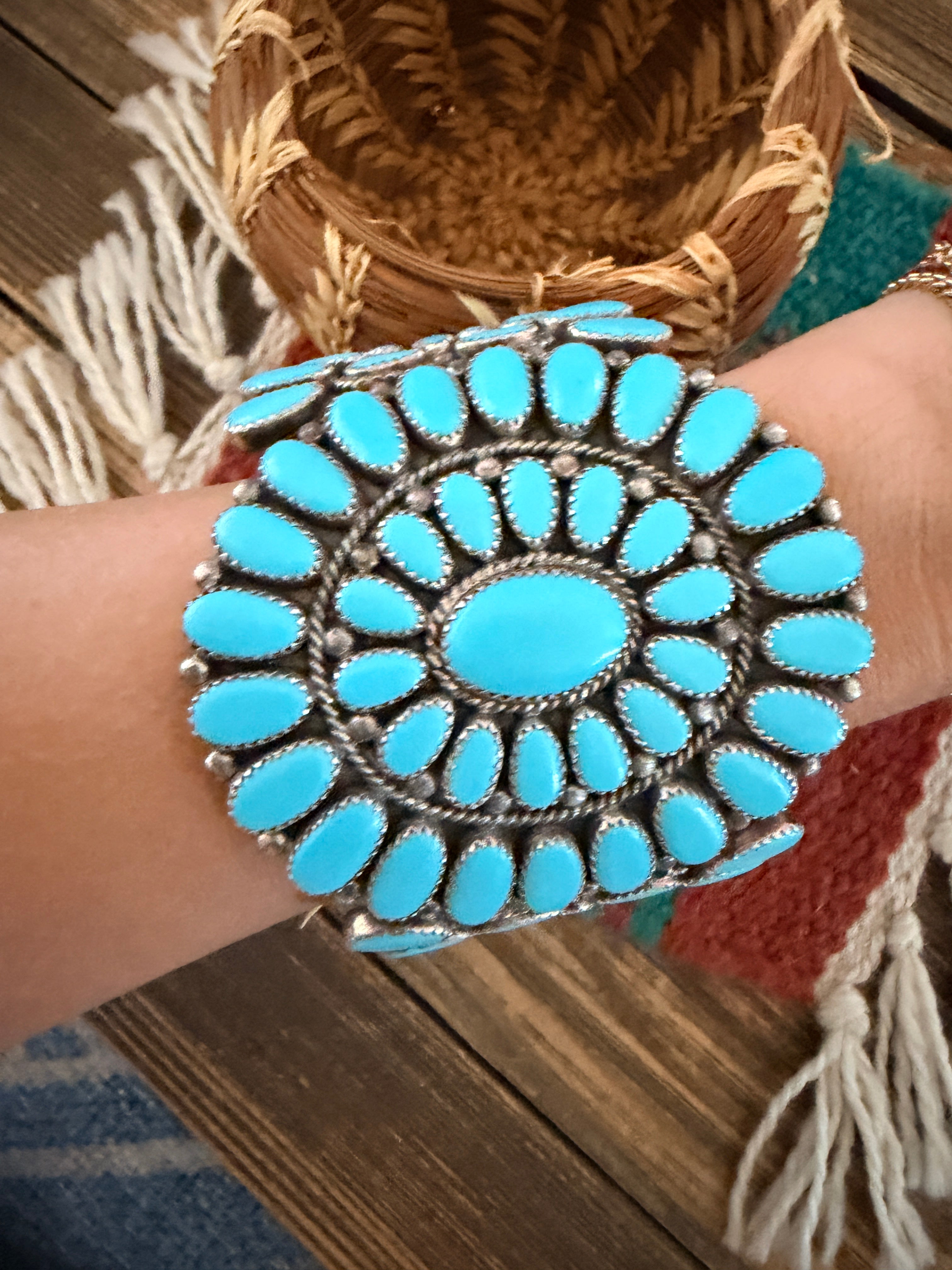 Handcrafted Old Pawn Sterling Silver & Turquoise Cluster Cuff Bracelet by Slim Jim Yazzie