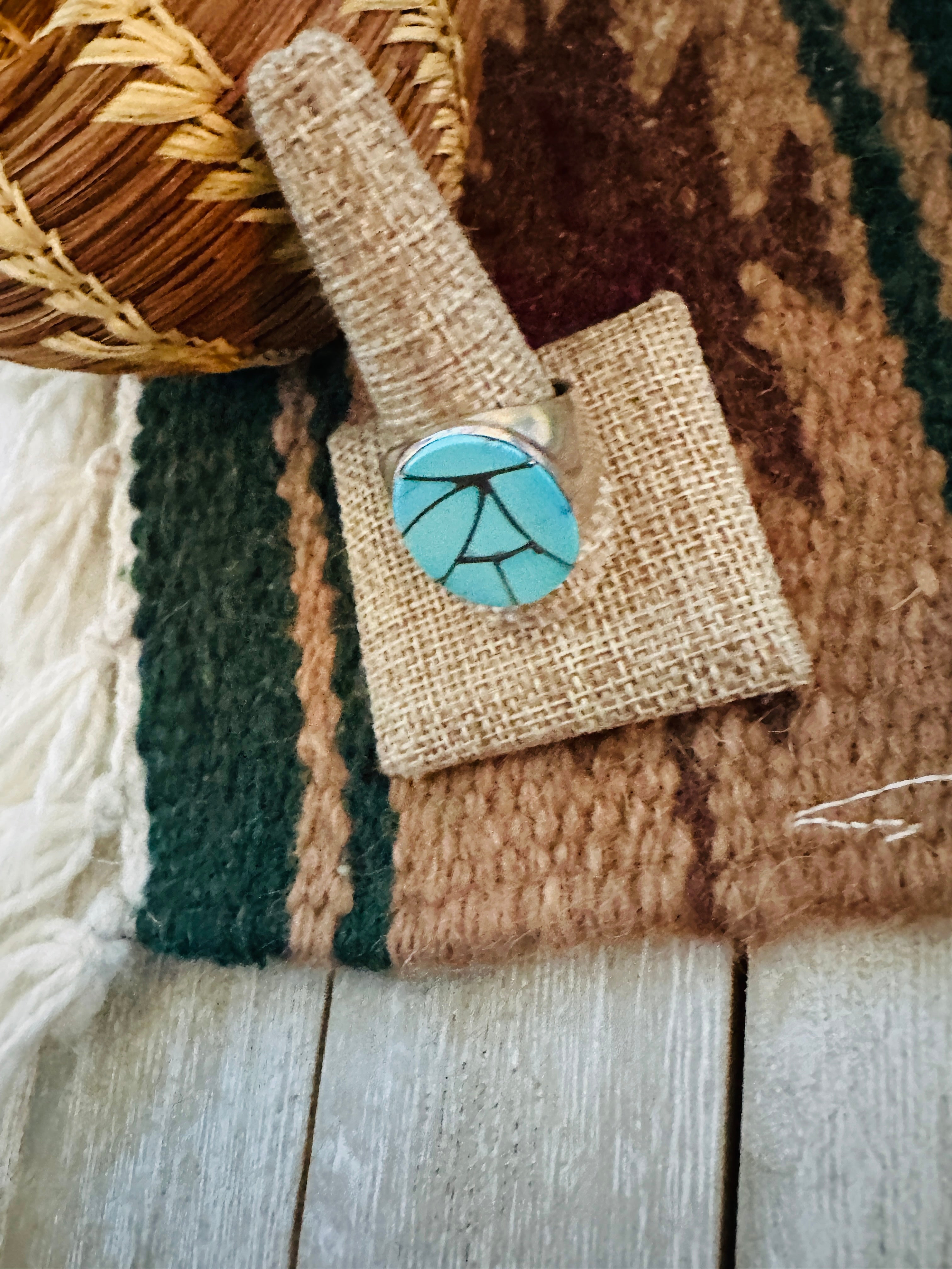 Old Pawn Handcrafted Turquoise & Sterling Silver Inlay Ring Size 12.5