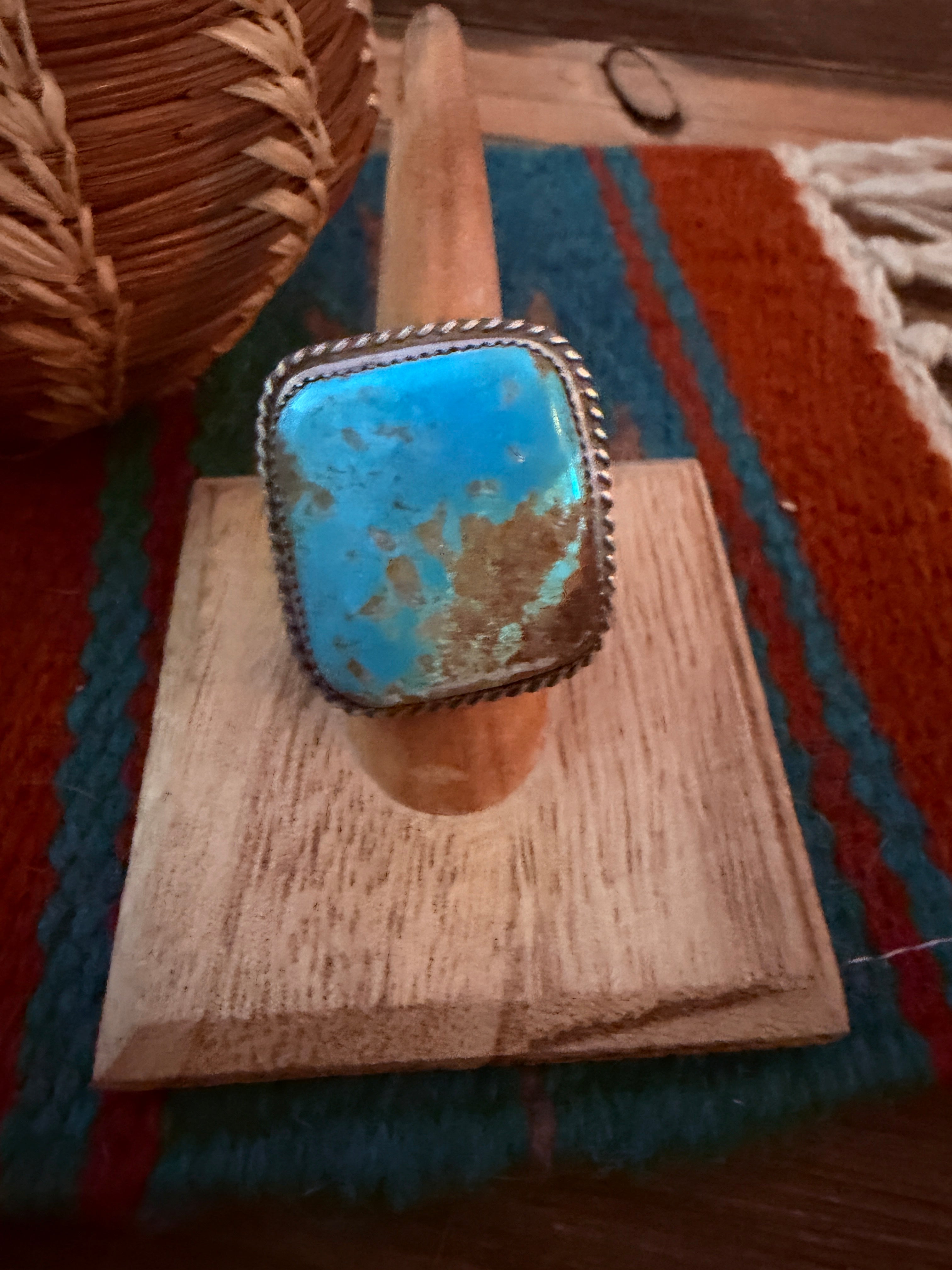 Handcrafted Royston Turquoise & Sterling Silver Ring Size 8.25 by Leslie Nez
