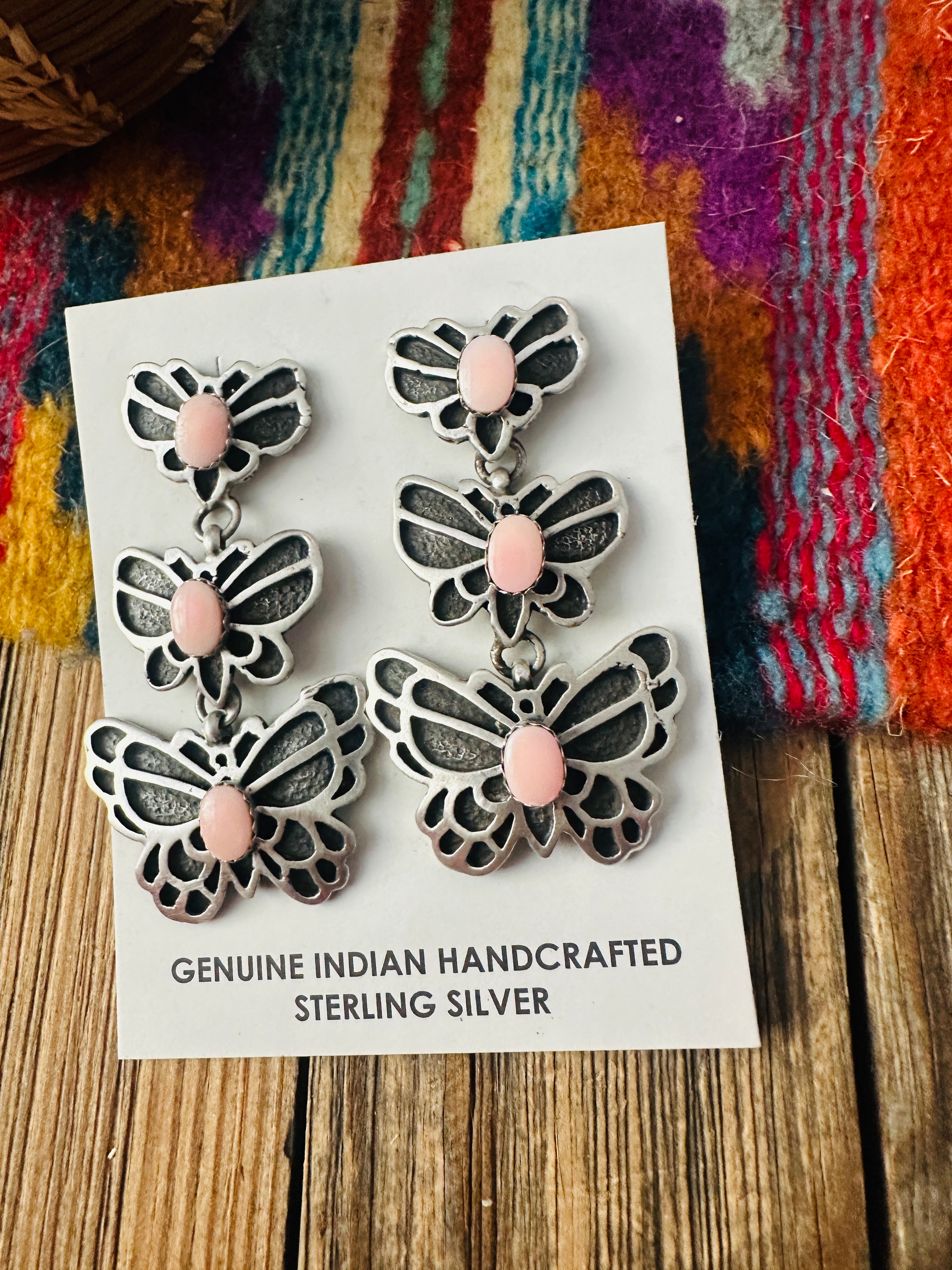Handcrafted Queen Pink Conch & Sterling Silver Butterfly Dangle Earrings