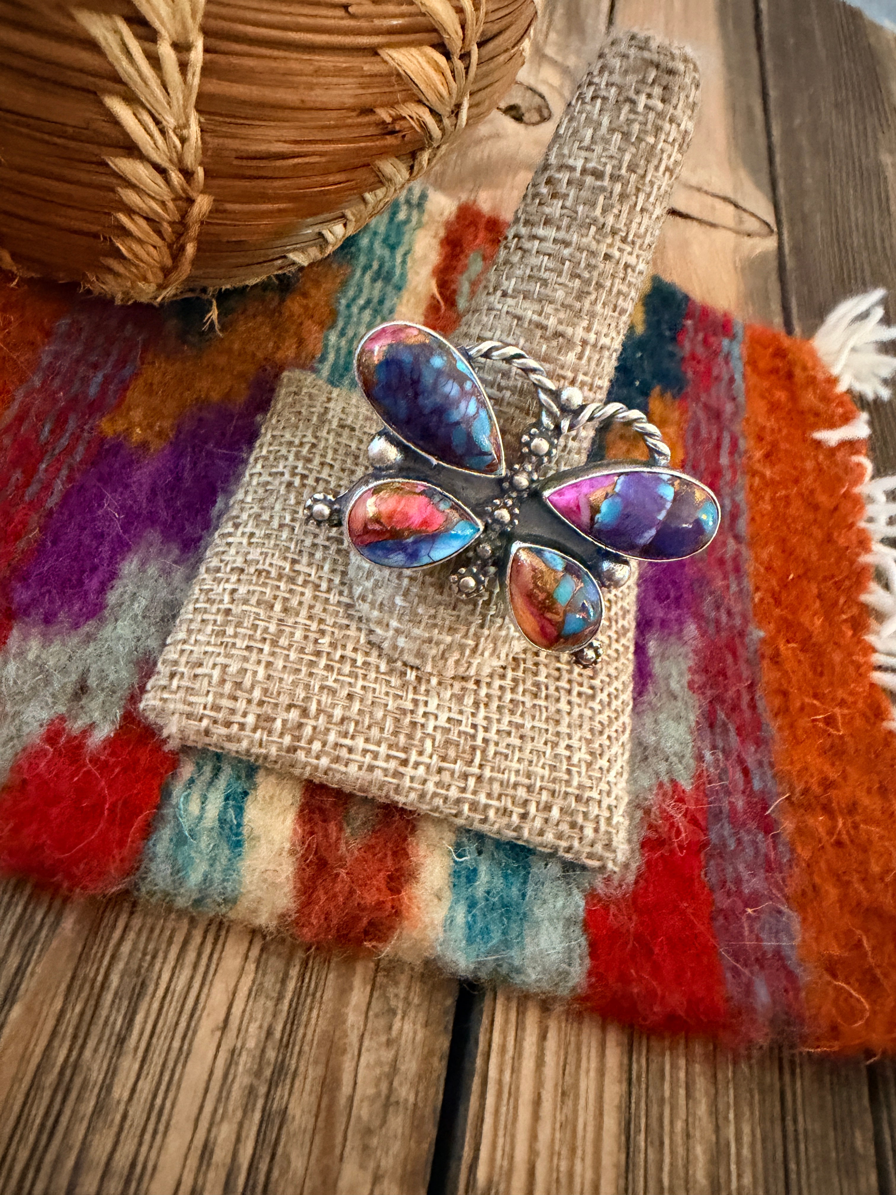 Handcrafted Pink Dream Mojave & Sterling Silver Adjustable Butterfly Ring