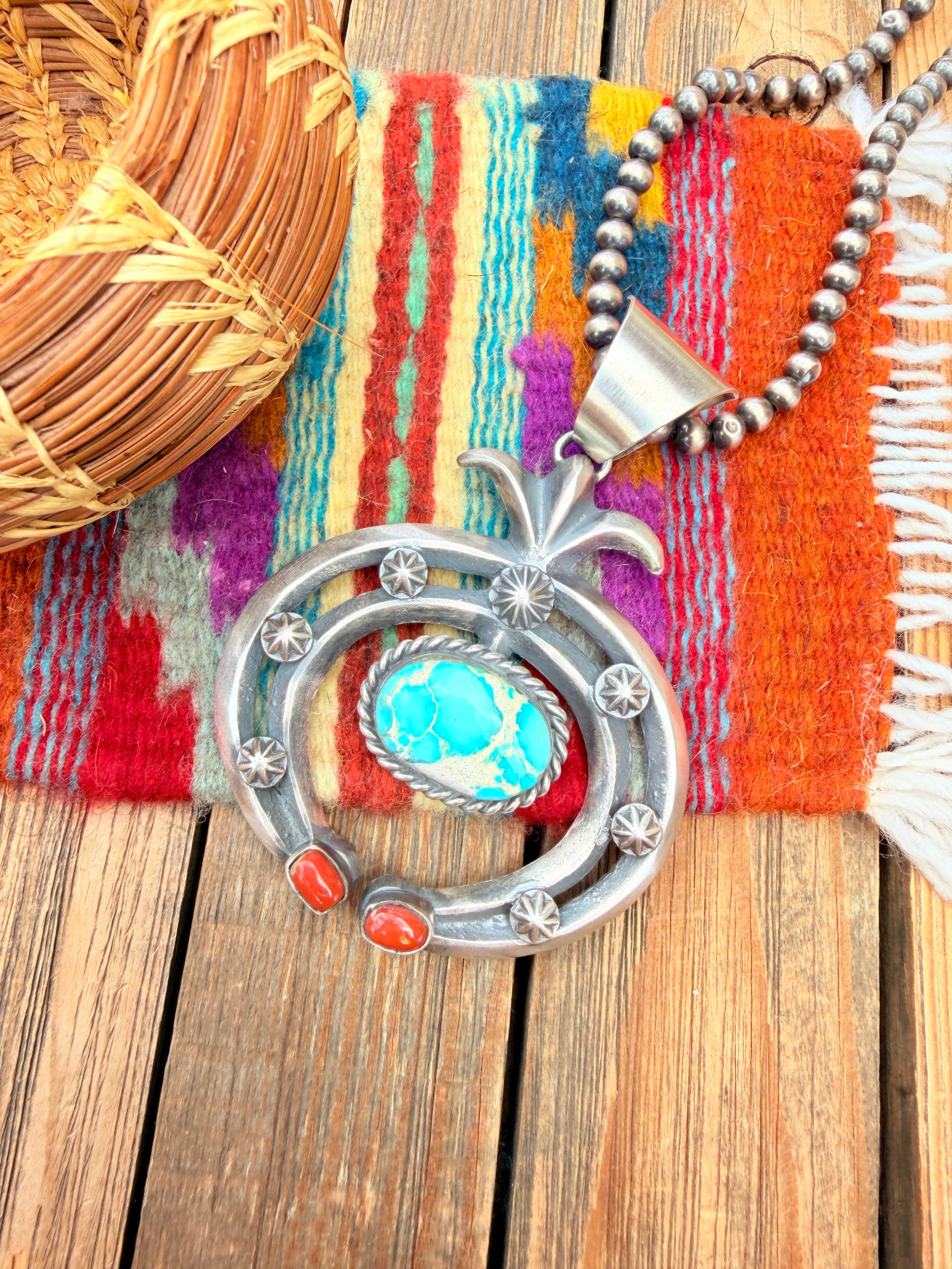 Handcrafted Sterling Silver, Turquoise & Coral Naja Pendant by Chimney Butte