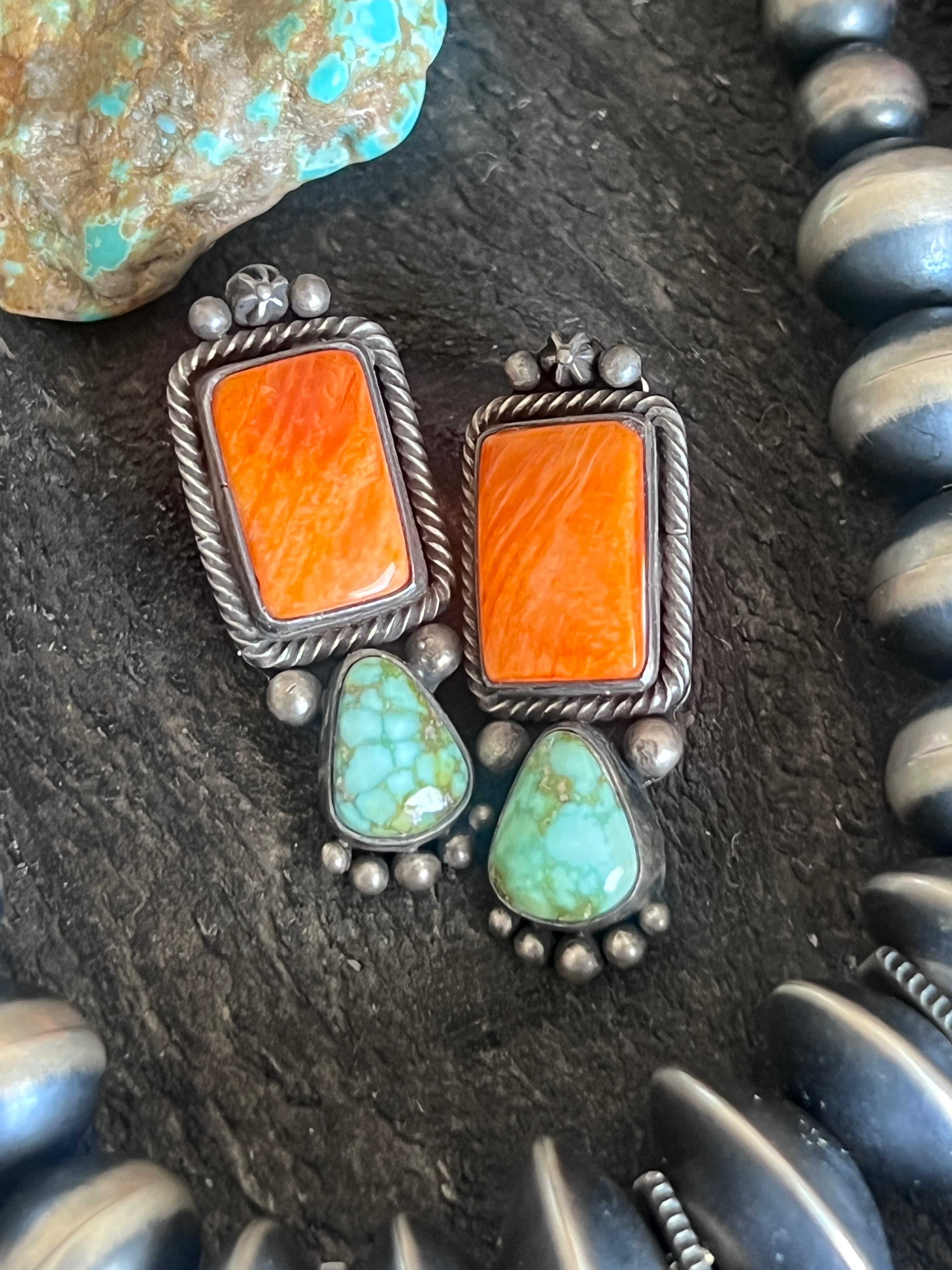 Electric Rainbow Sterling Silver, Sonoran Gold Turquoise and Spiny Oyster Beaded Necklace and Earrings Set by Bernyse Chavez