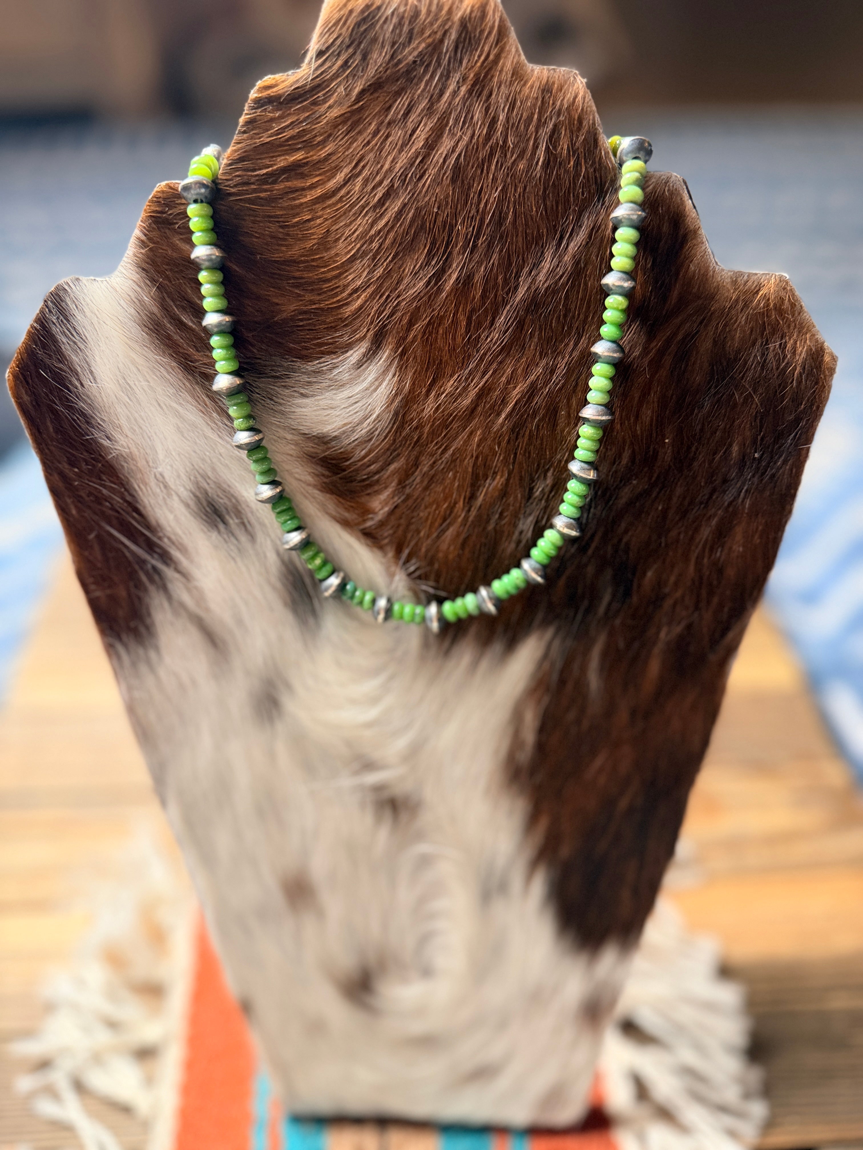 Handcrafted Green Turquoise & Sterling Silver Saucer Beaded 16” Necklace