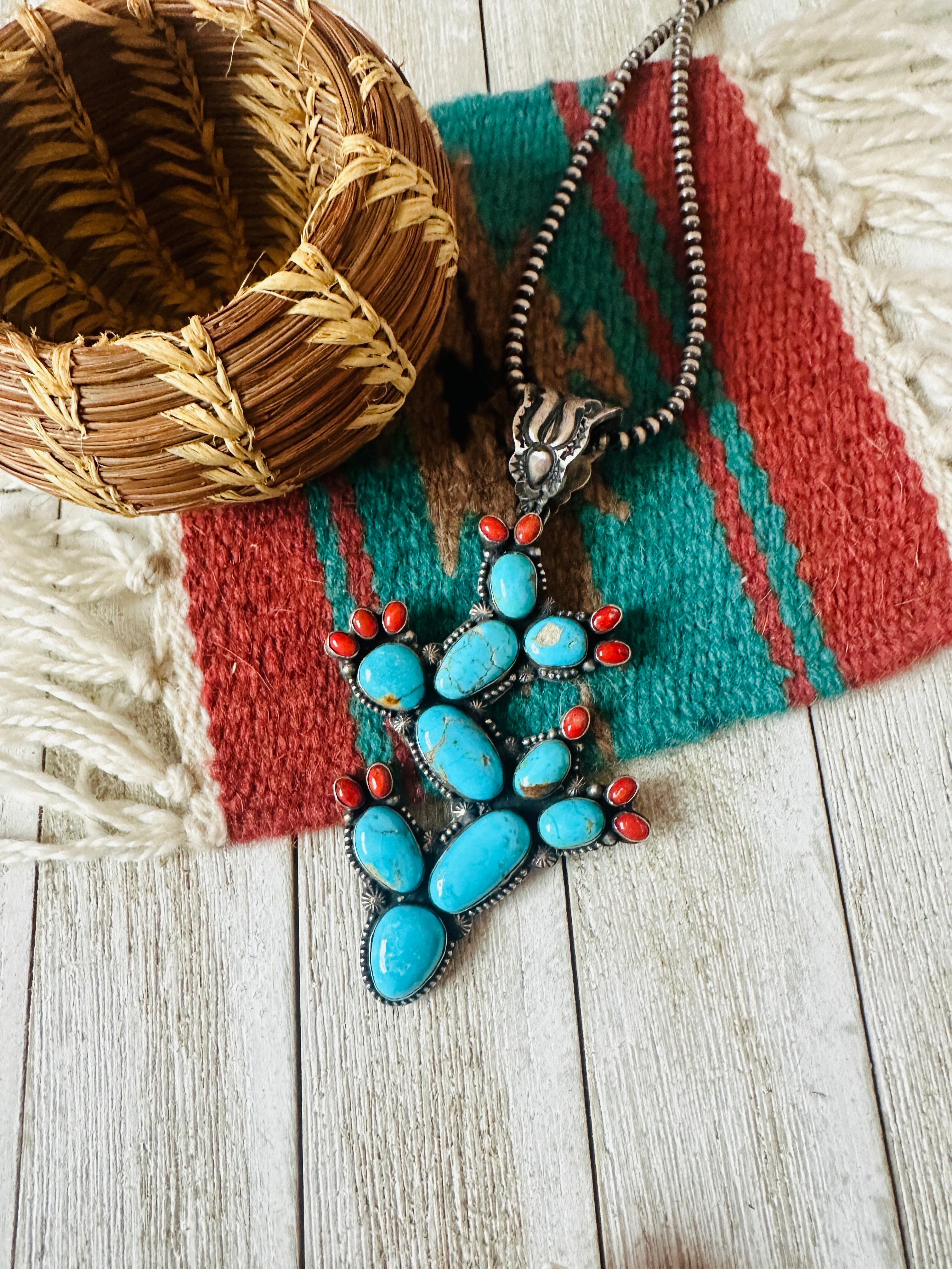 Handcrafted Sterling Silver, Turquoise & Coral Cactus Pendant by Shawn Cayatineto