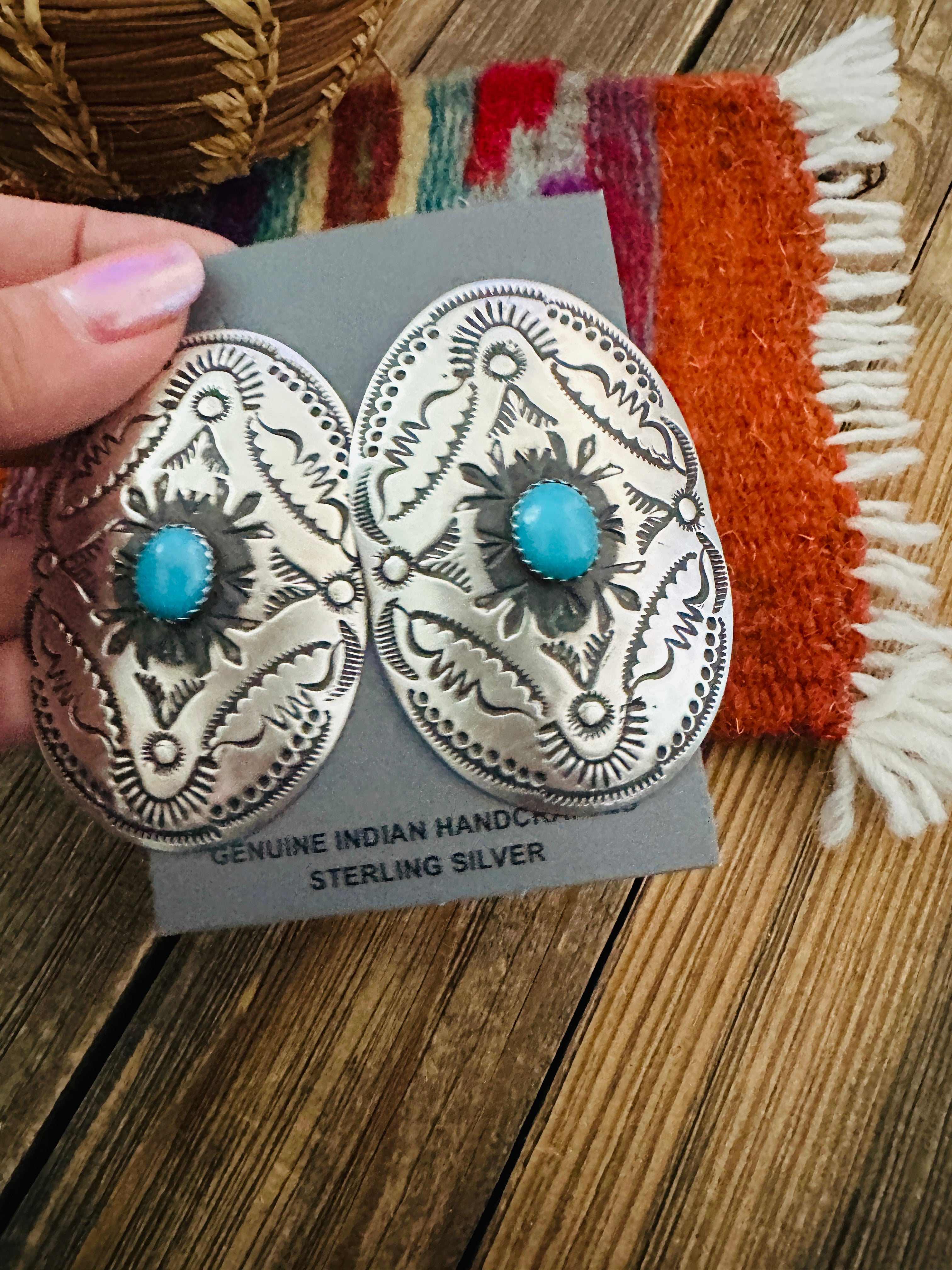 Handcrafted Turquoise & Sterling Silver Concho Post Earrings by Leander Tahe