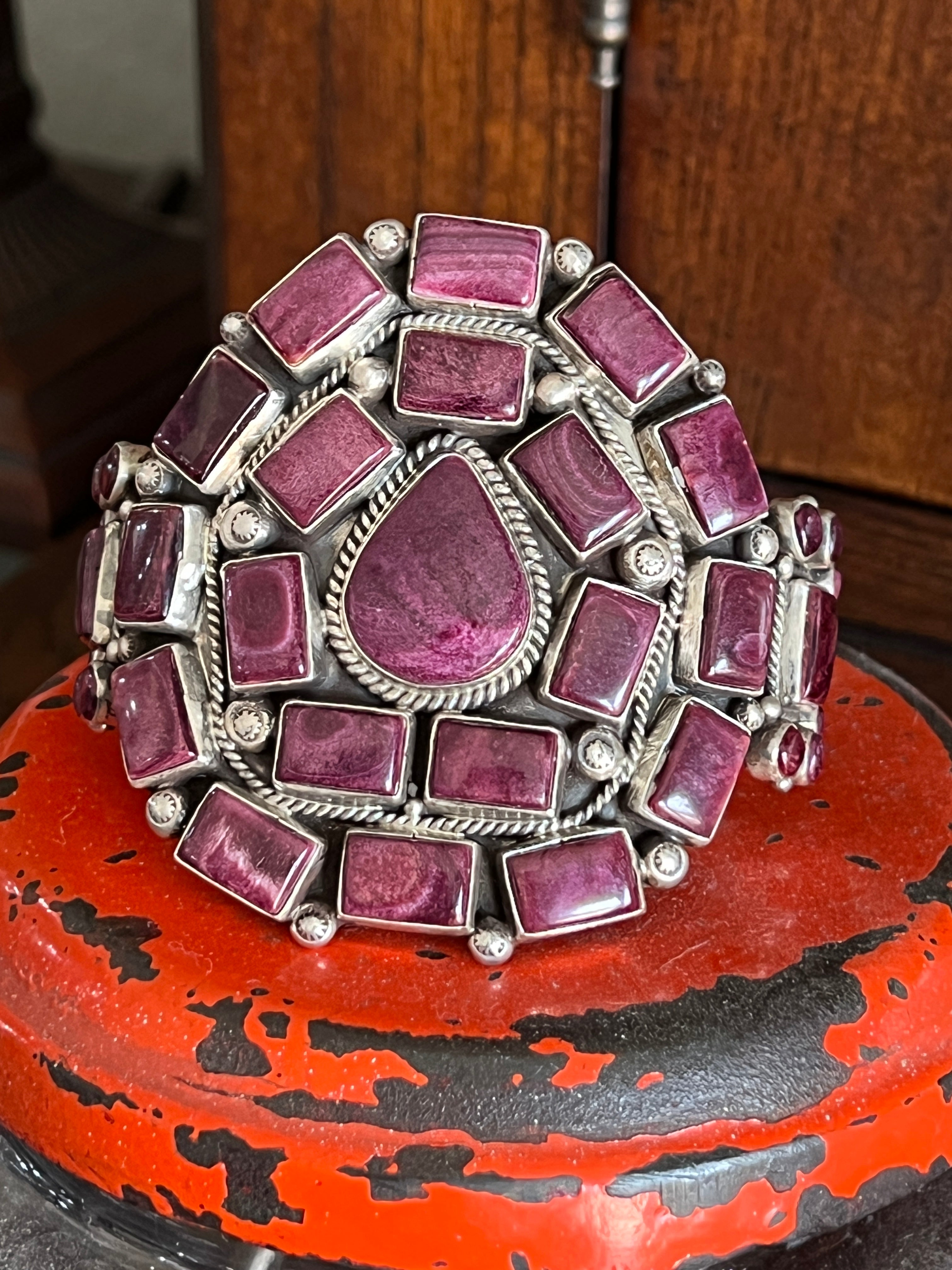 Handcrafted Sterling Silver and Purple Spiny Oyster Cuff Bracelet by Tyler Brown /