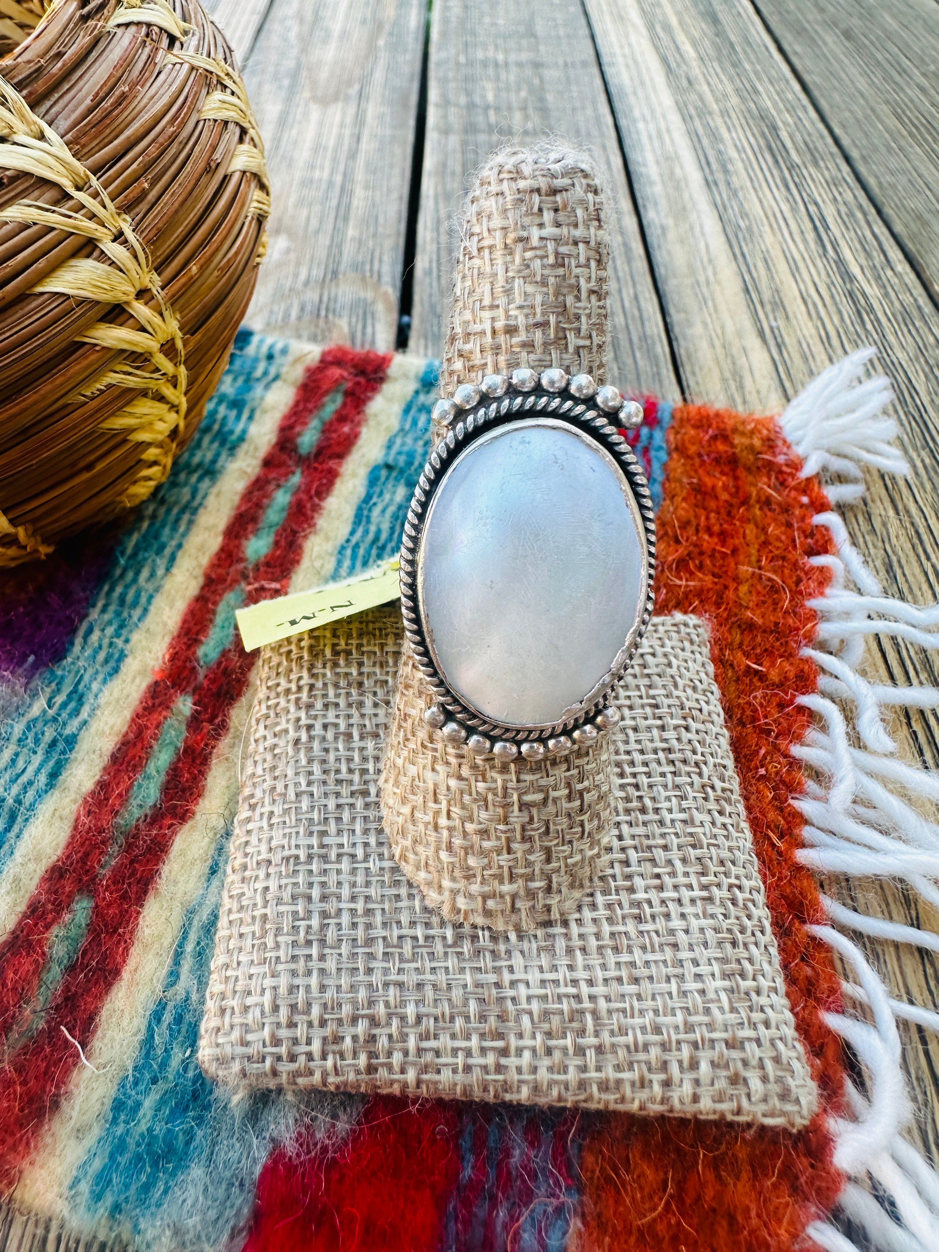 Old Pawn Handcrafted Mother of Pearl & Sterling Silver Ring Size 8