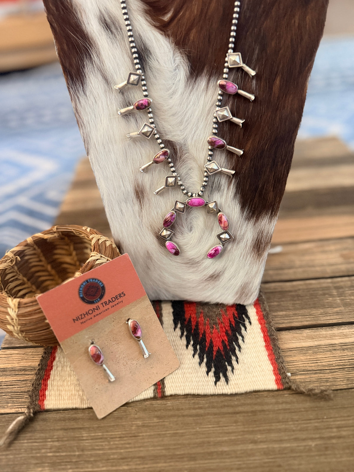 Handcrafted Pink Mojave & Sterling Silver Squash Blossom Necklace and Earring Set
