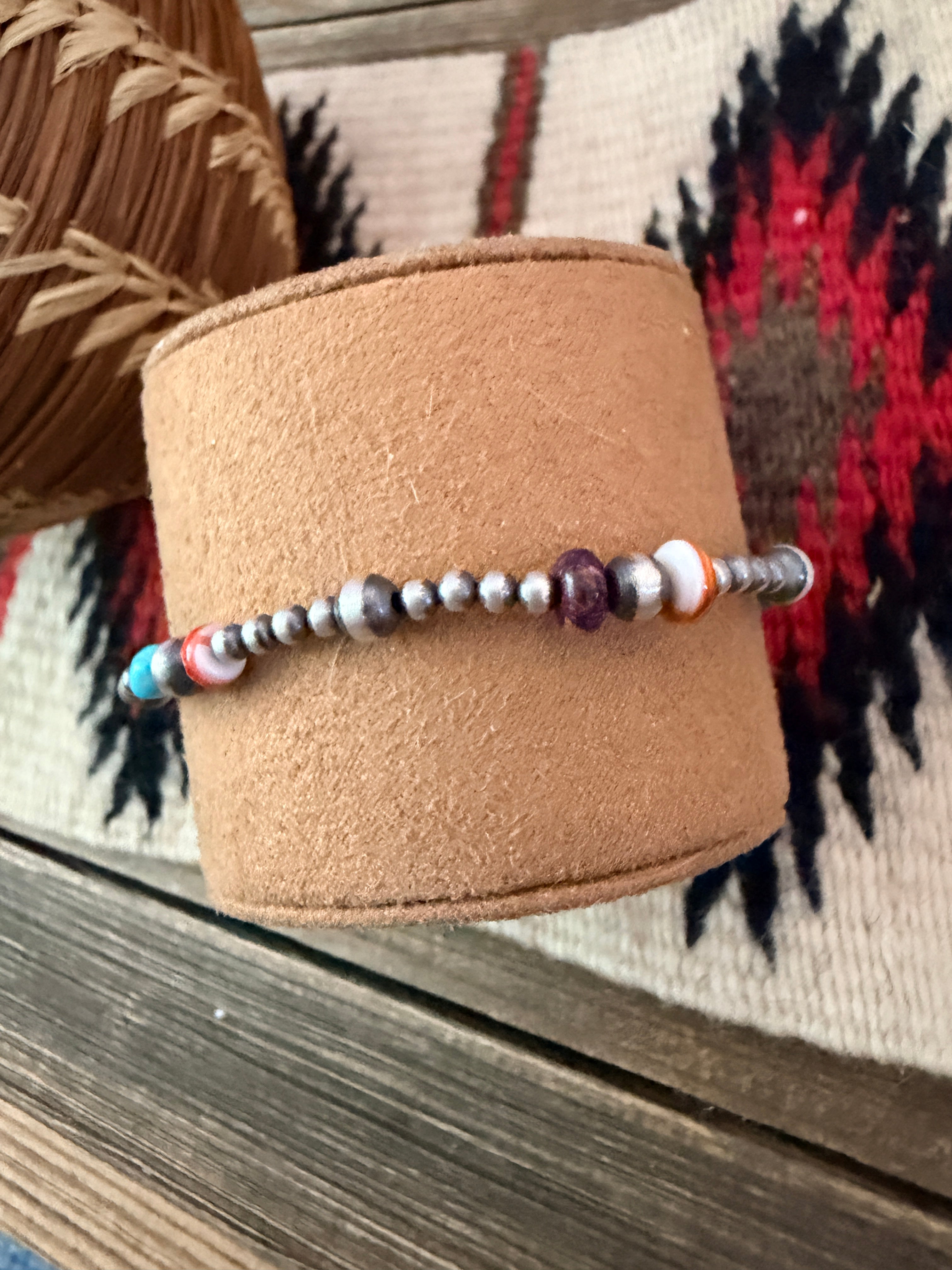Handcrafted Turquoise, Spiny Oyster & Sterling Silver Pearl Beaded Stretch Bracelet