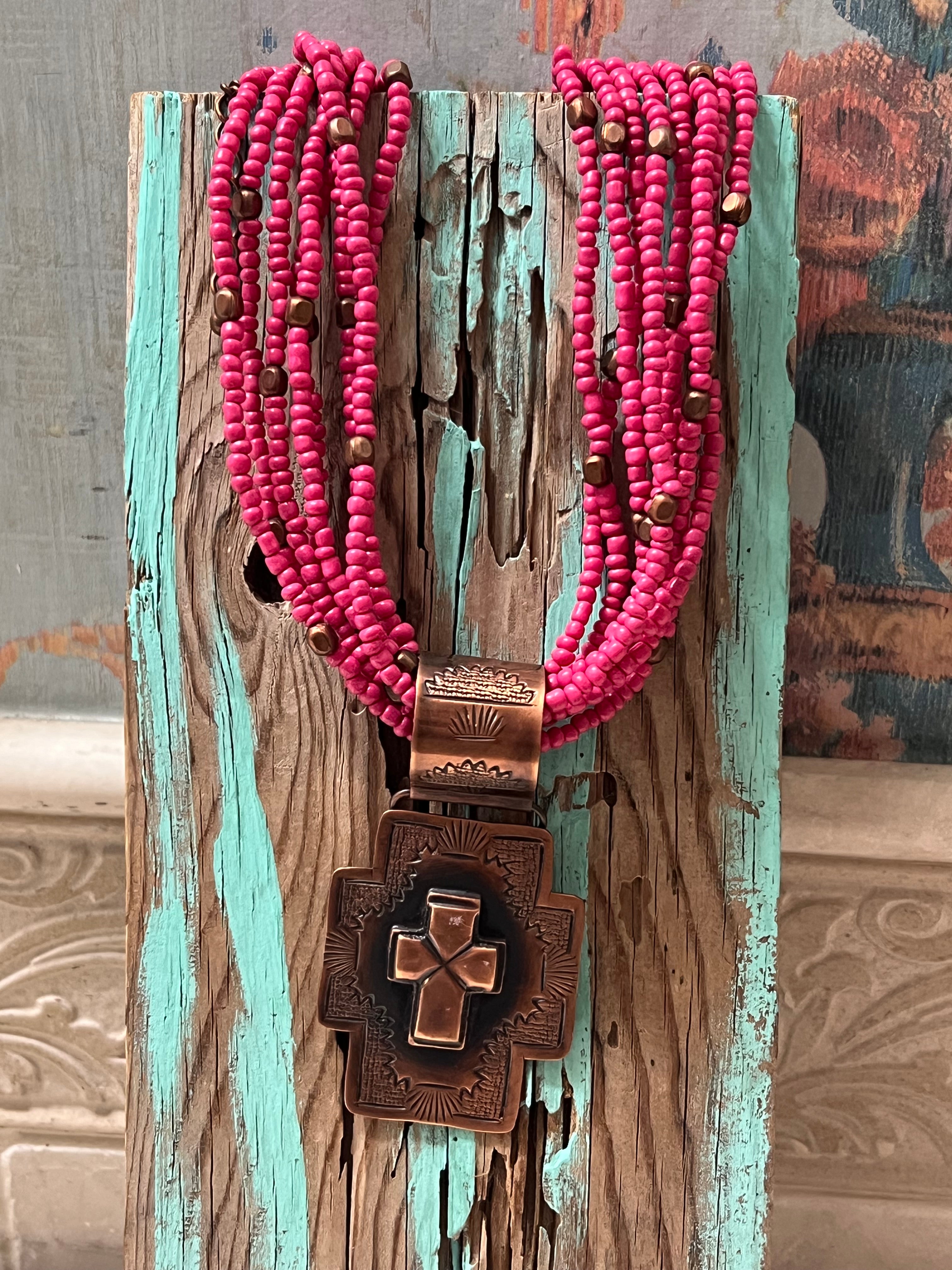 Copper Cross Pendant on Hot Pink Beaded Necklace