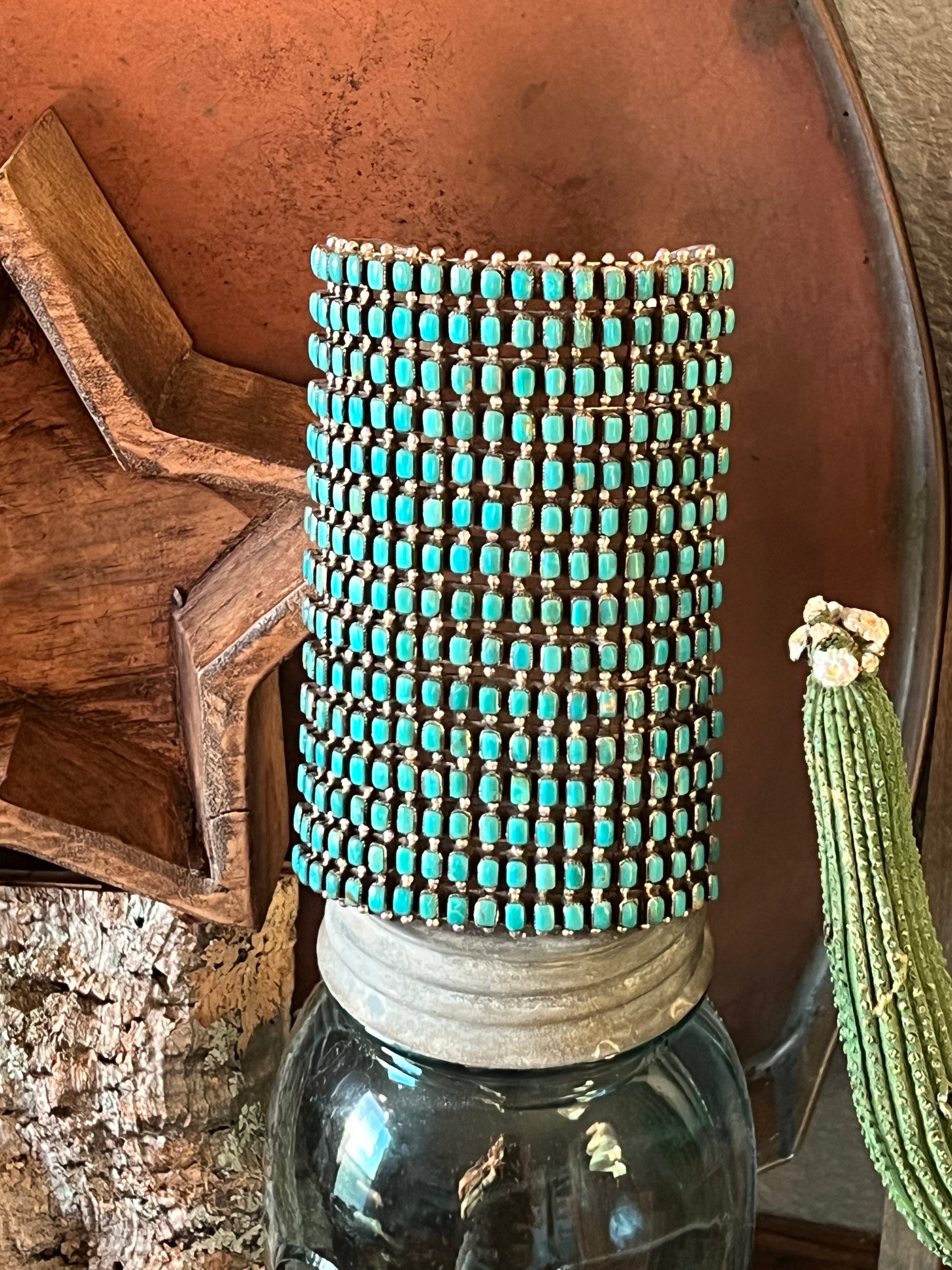 Handcrafted Epic Made 15 Row Sterling Silver and Turquoise Gauntlet Style Cuff Bracelet /