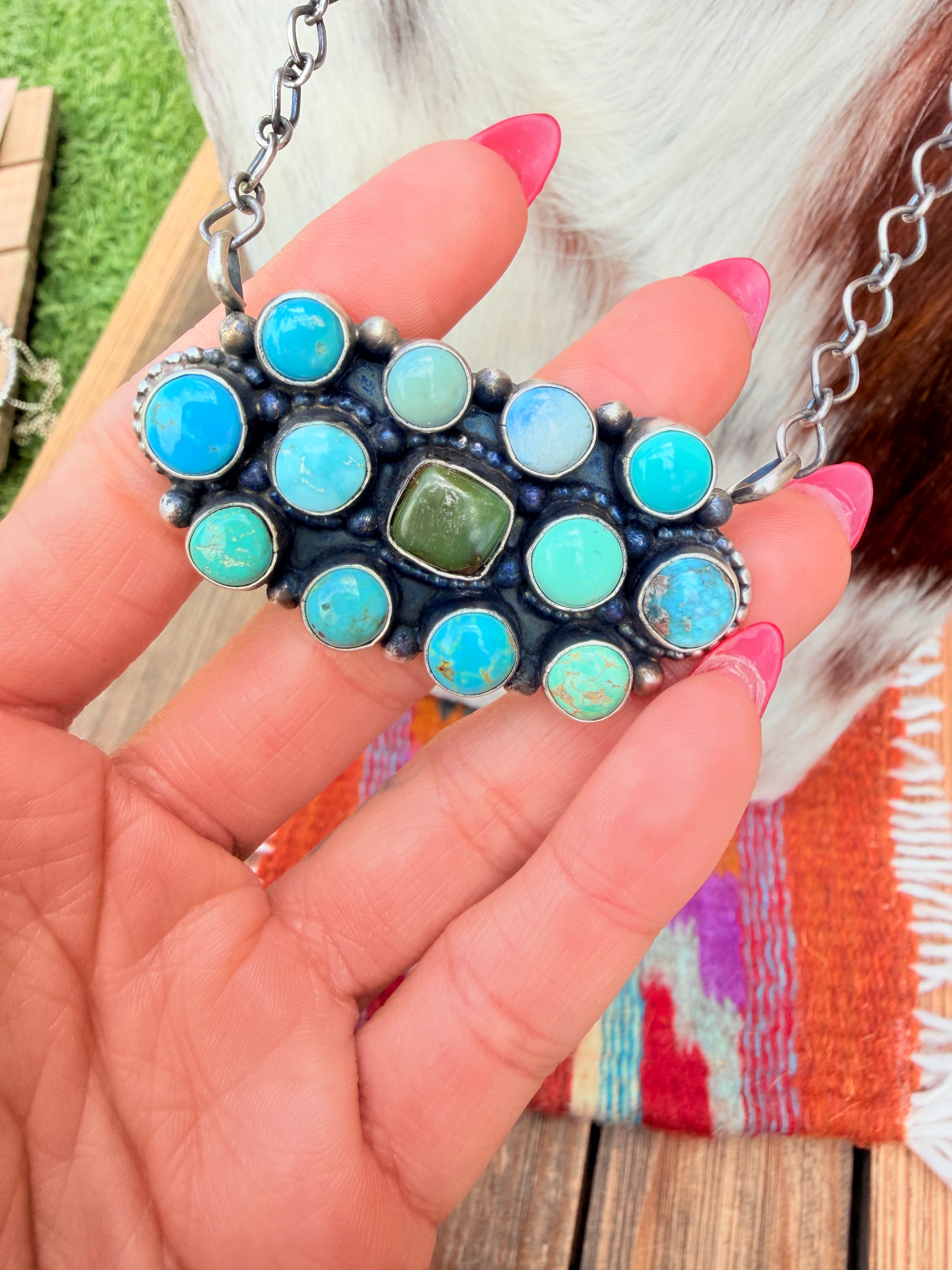 Handcrafted Turquoise & Sterling Silver Cluster Necklace by Travis Jim