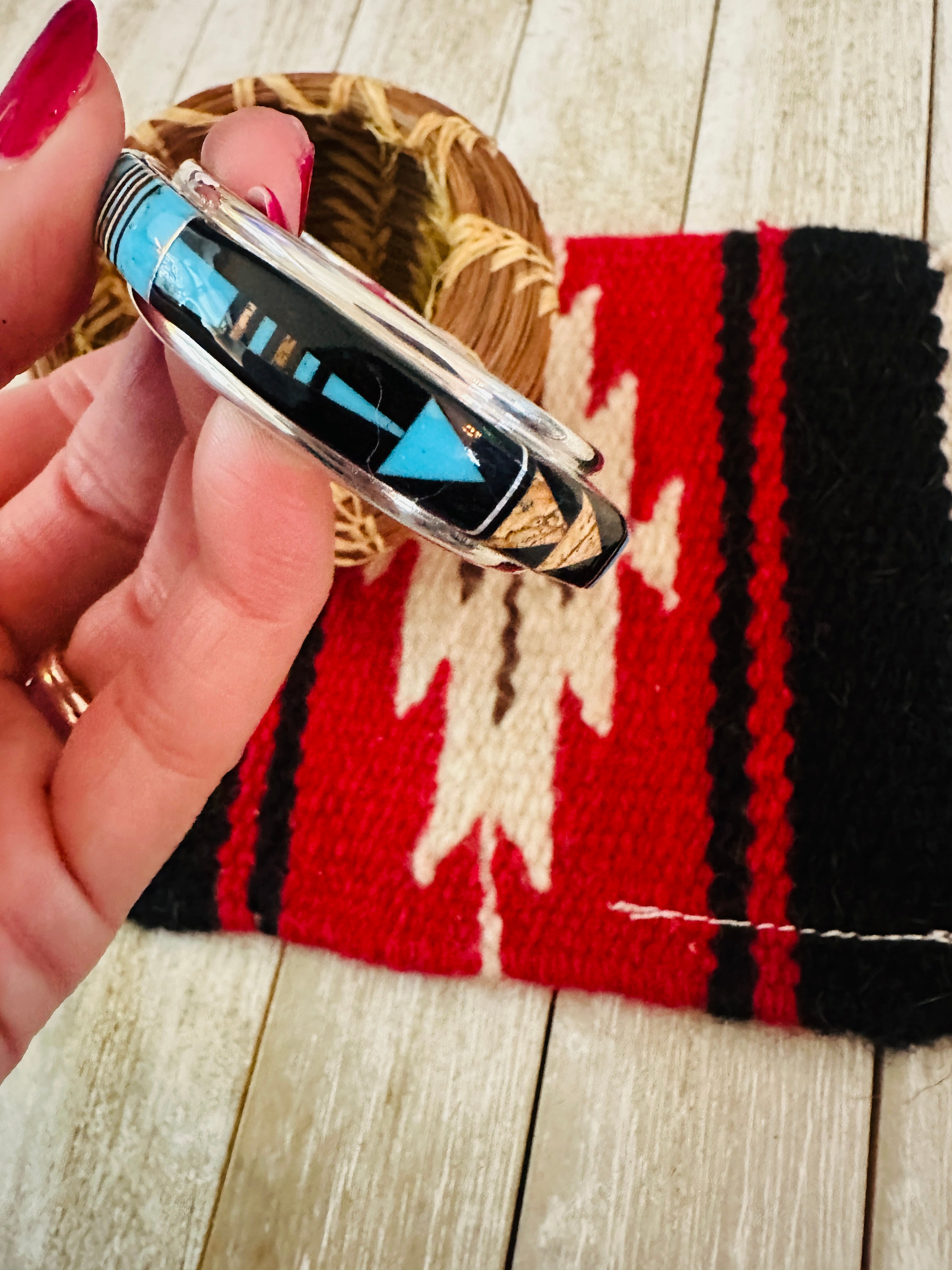 Handcrafted Multi Stone & Sterling Silver Inlay Cuff Bracelet by Ray Jack