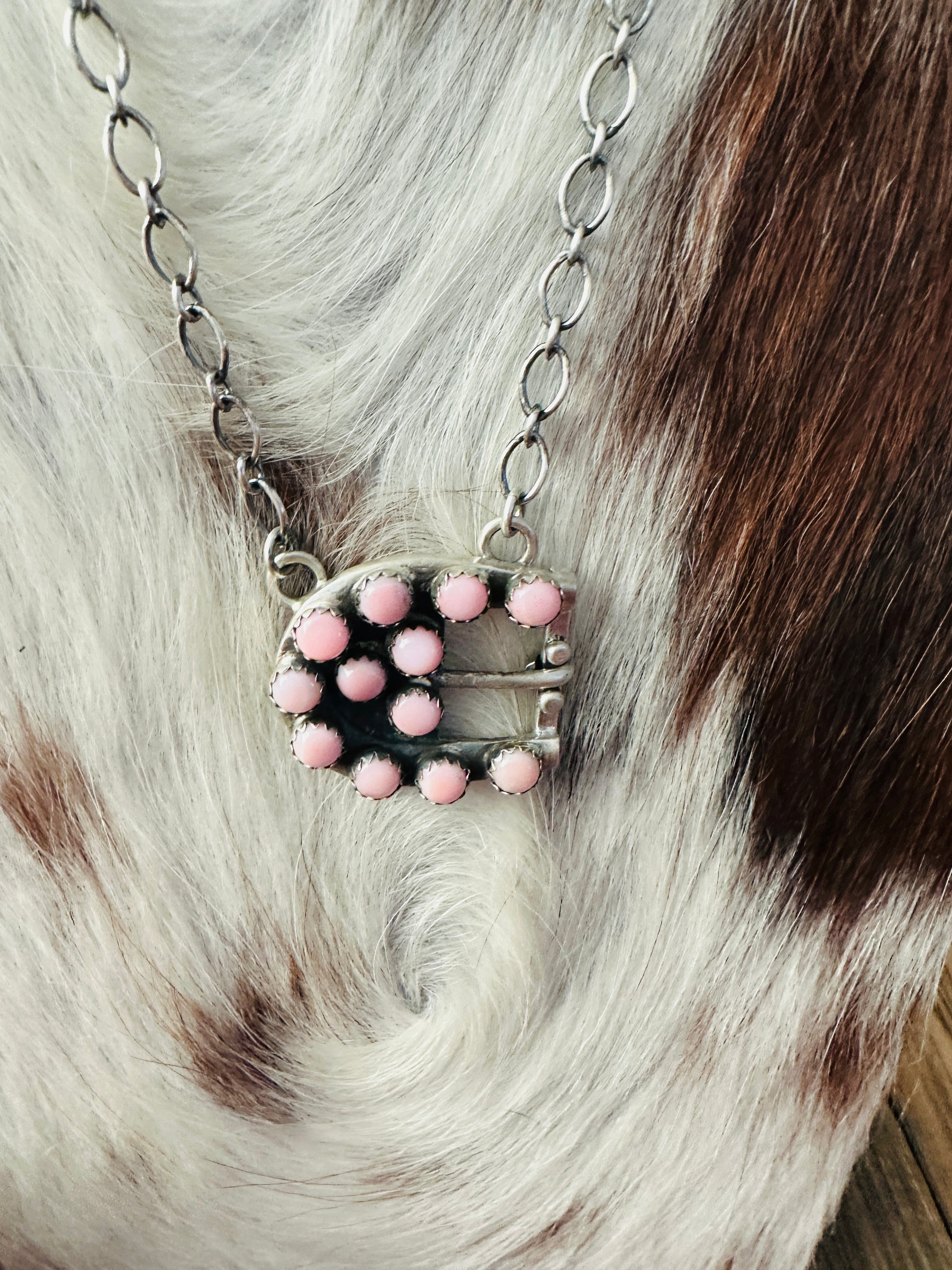 Handcrafted Queen Pink Conch & Sterling Silver Belt Buckle Necklace by Russell Sam