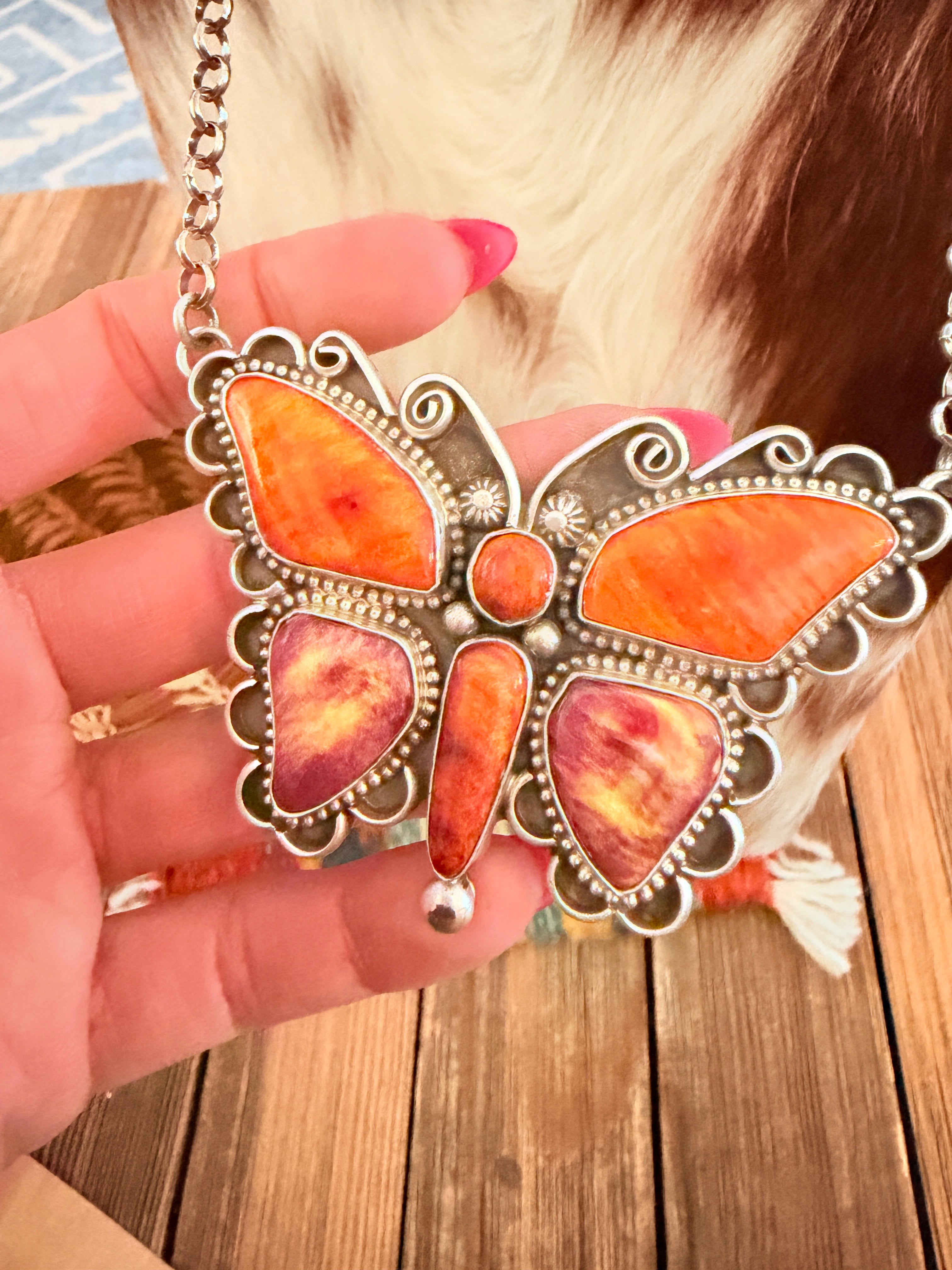 Handcrafted Spiny Oyster & Sterling Silver Butterfly Necklace by Charles Johnson
