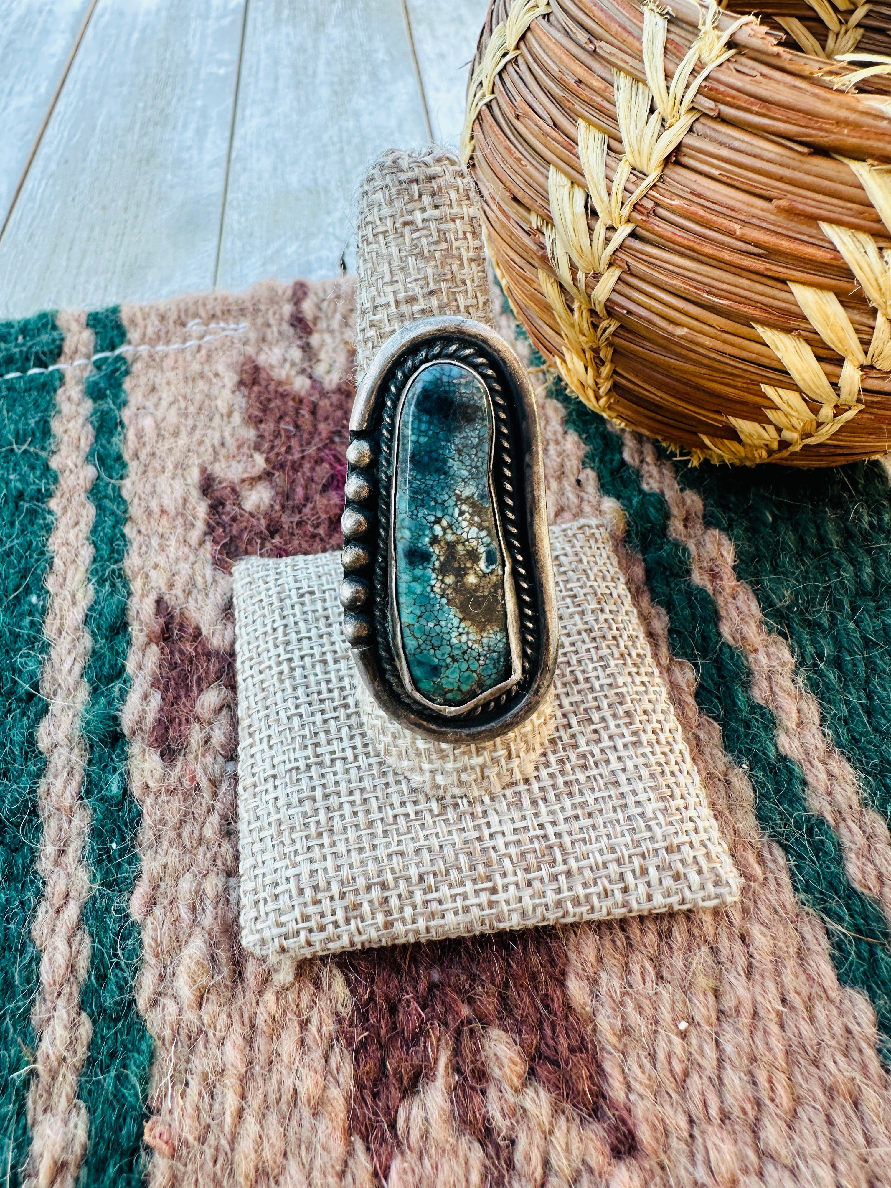 Old Pawn Handcrafted Turquoise & Sterling Silver Ring Size 8.5