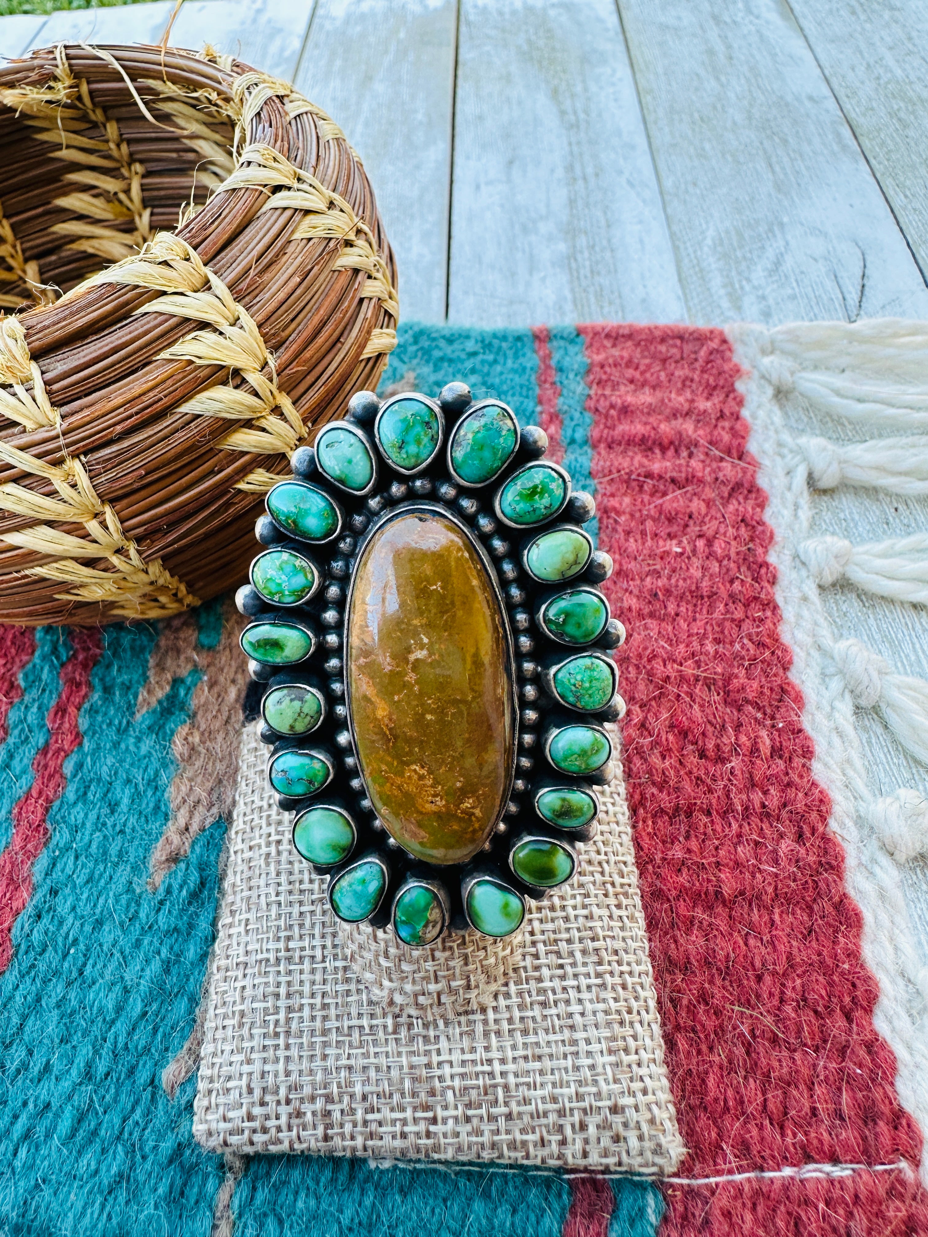 Handcrafted Royston Turquoise & Sterling Silver Cluster Ring Size 7 by Blaine Yellowhorse