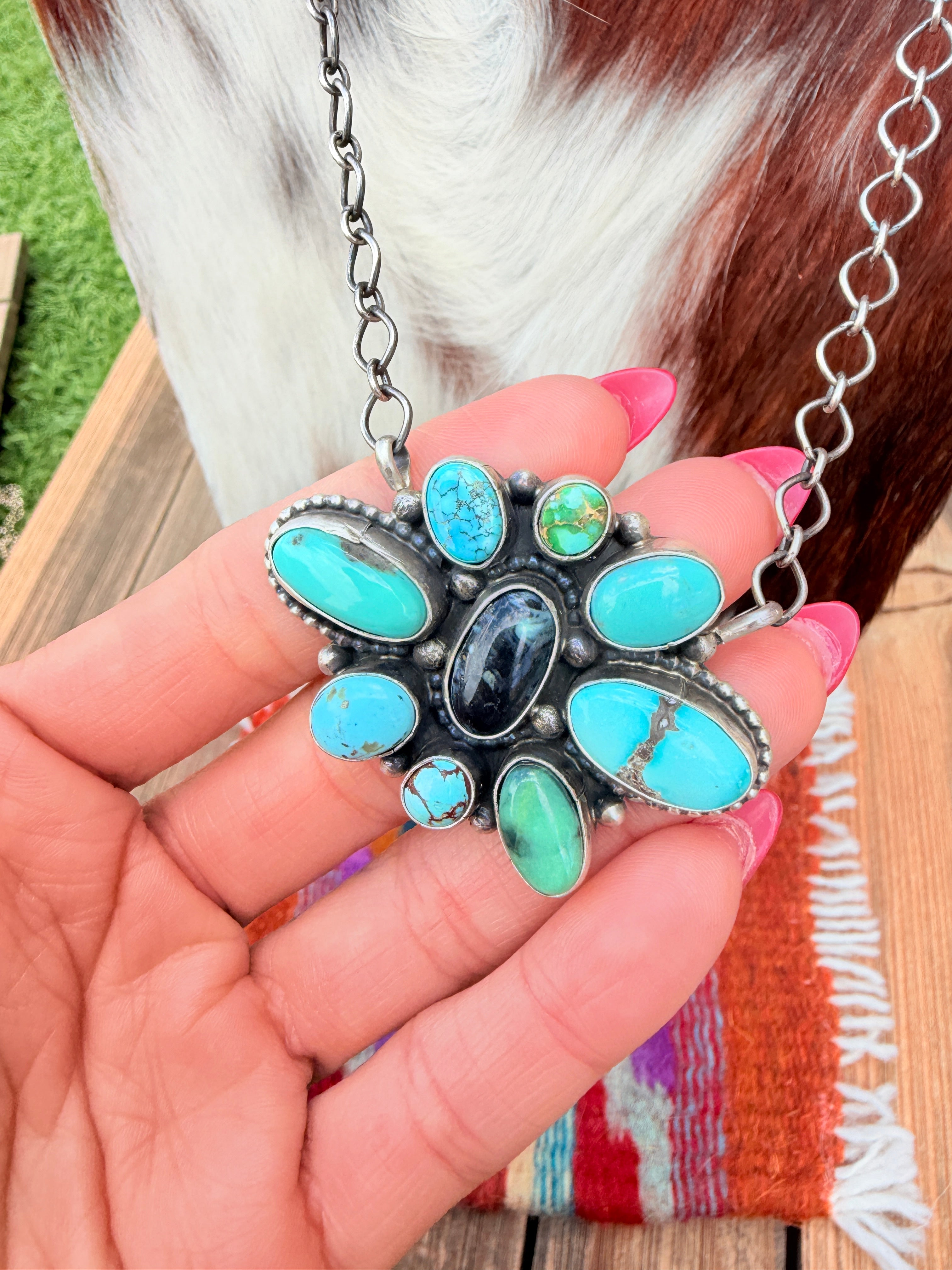 Handcrafted Turquoise & Sterling Silver Cluster Necklace by Travis Jim