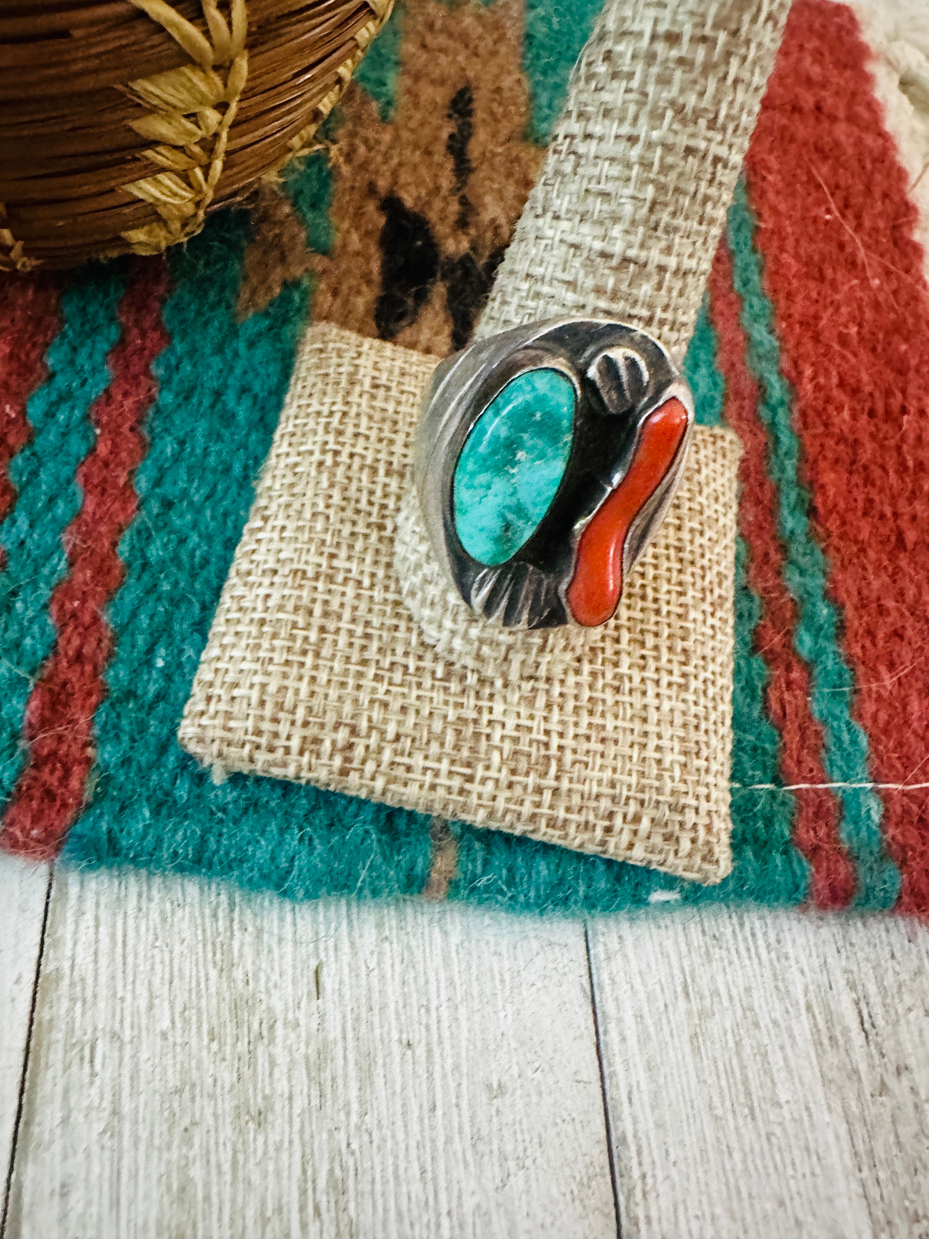 Handcrafted Old Pawn Sterling Silver, Turquoise & Coral Ring Size 11.75