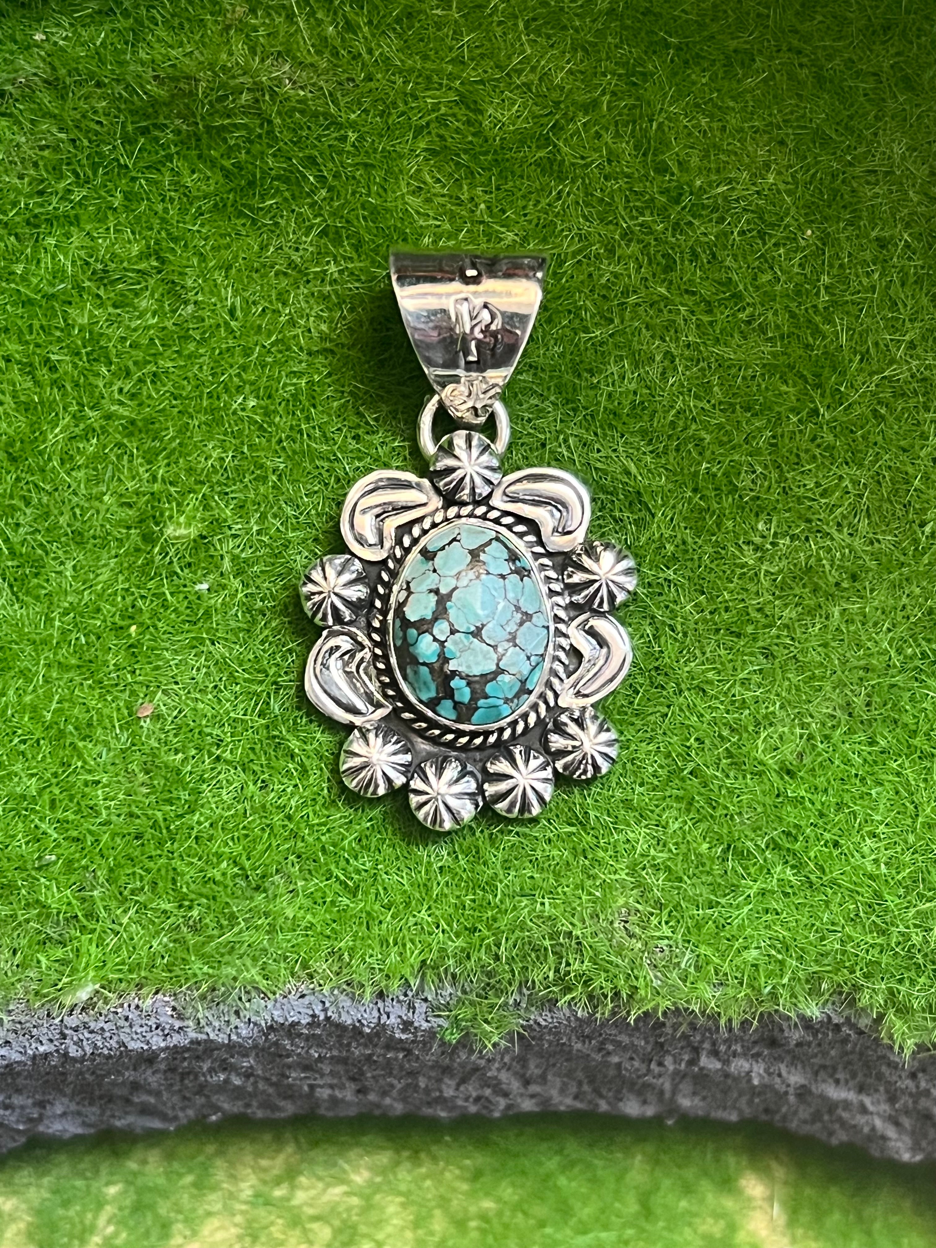 Handmade Oval Shaped Variscite Etched Sterling Silver Pendant