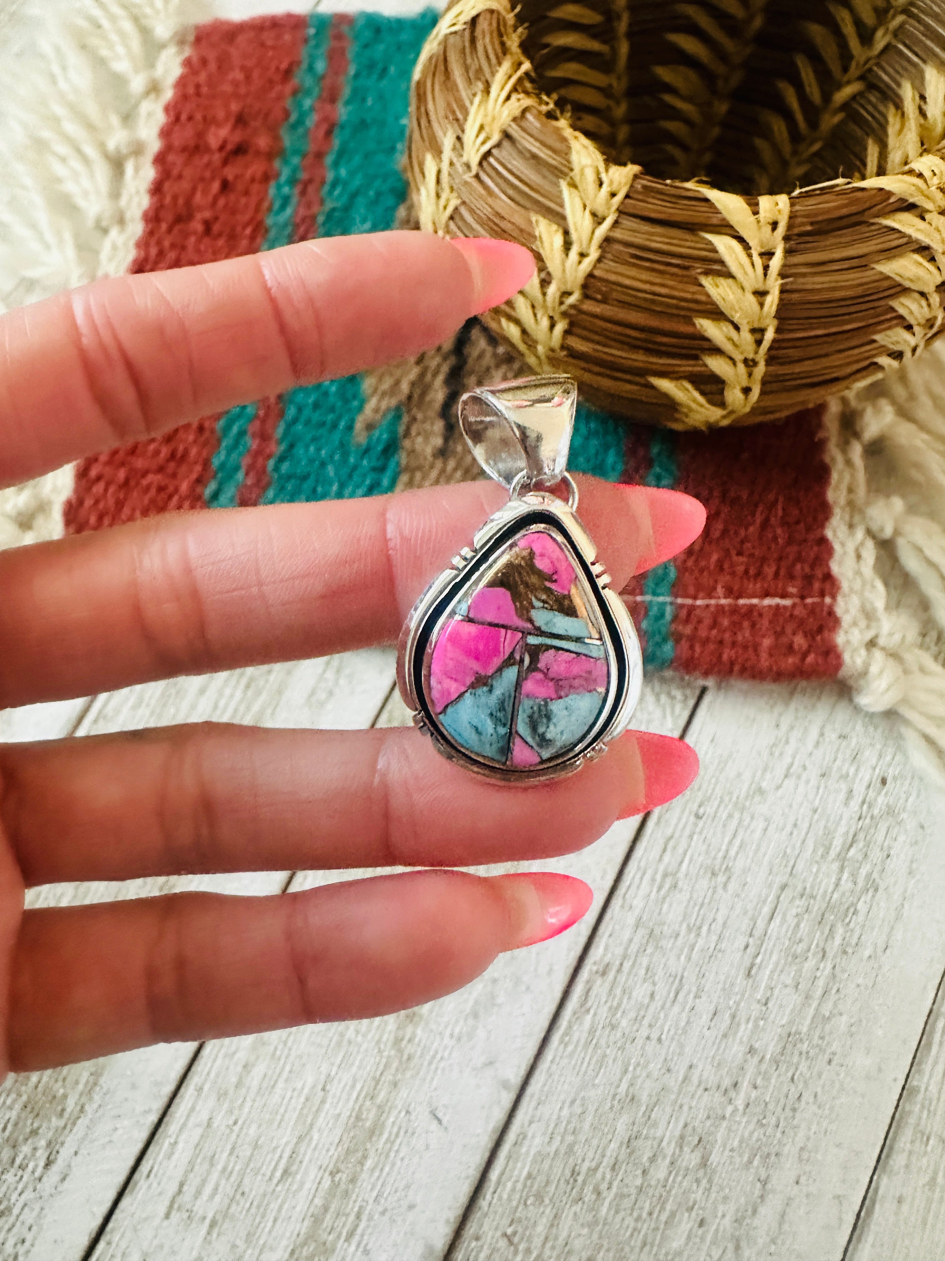 Handcrafted Cotton Candy & Sterling Silver Inlay Teardrop Pendant
