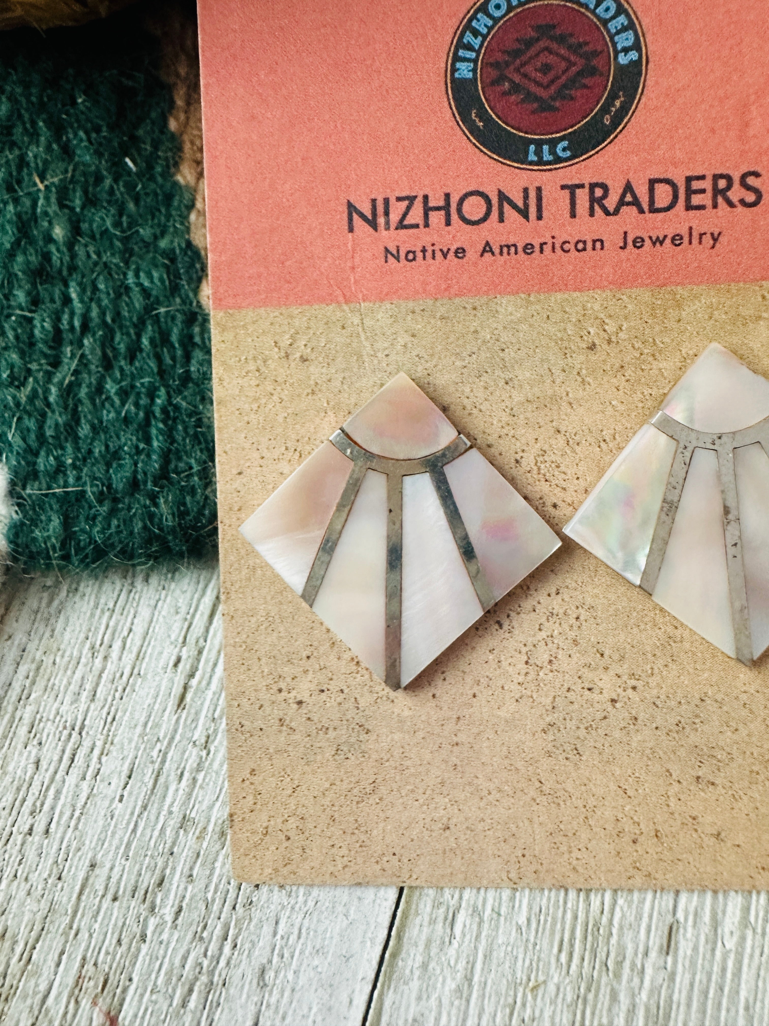 Old Pawn Mother of Pearl & Sterling Silver Inlay Earrings