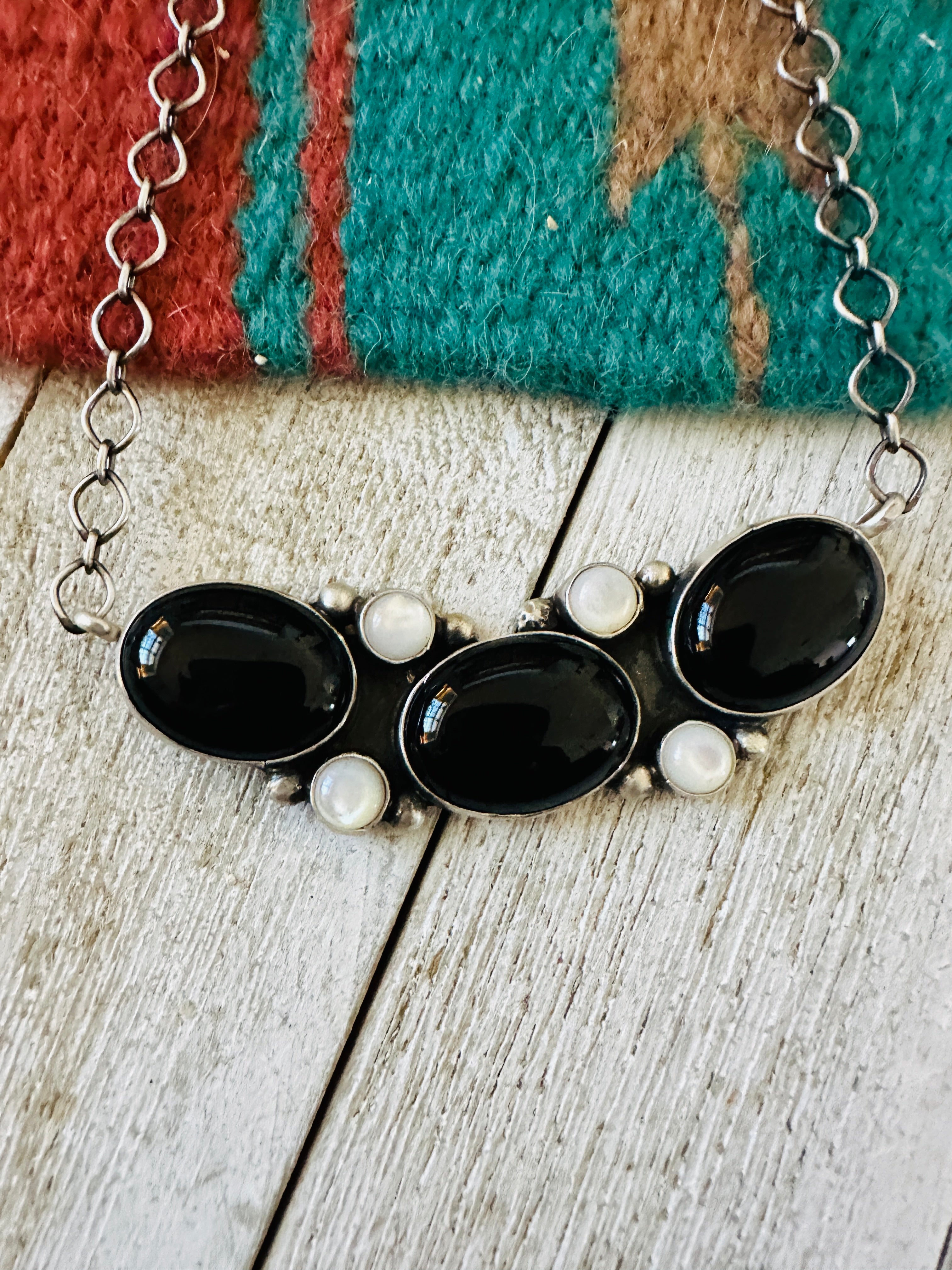 Handcrafted Black Onyx, Mother of Pearl & Sterling Silver Necklace