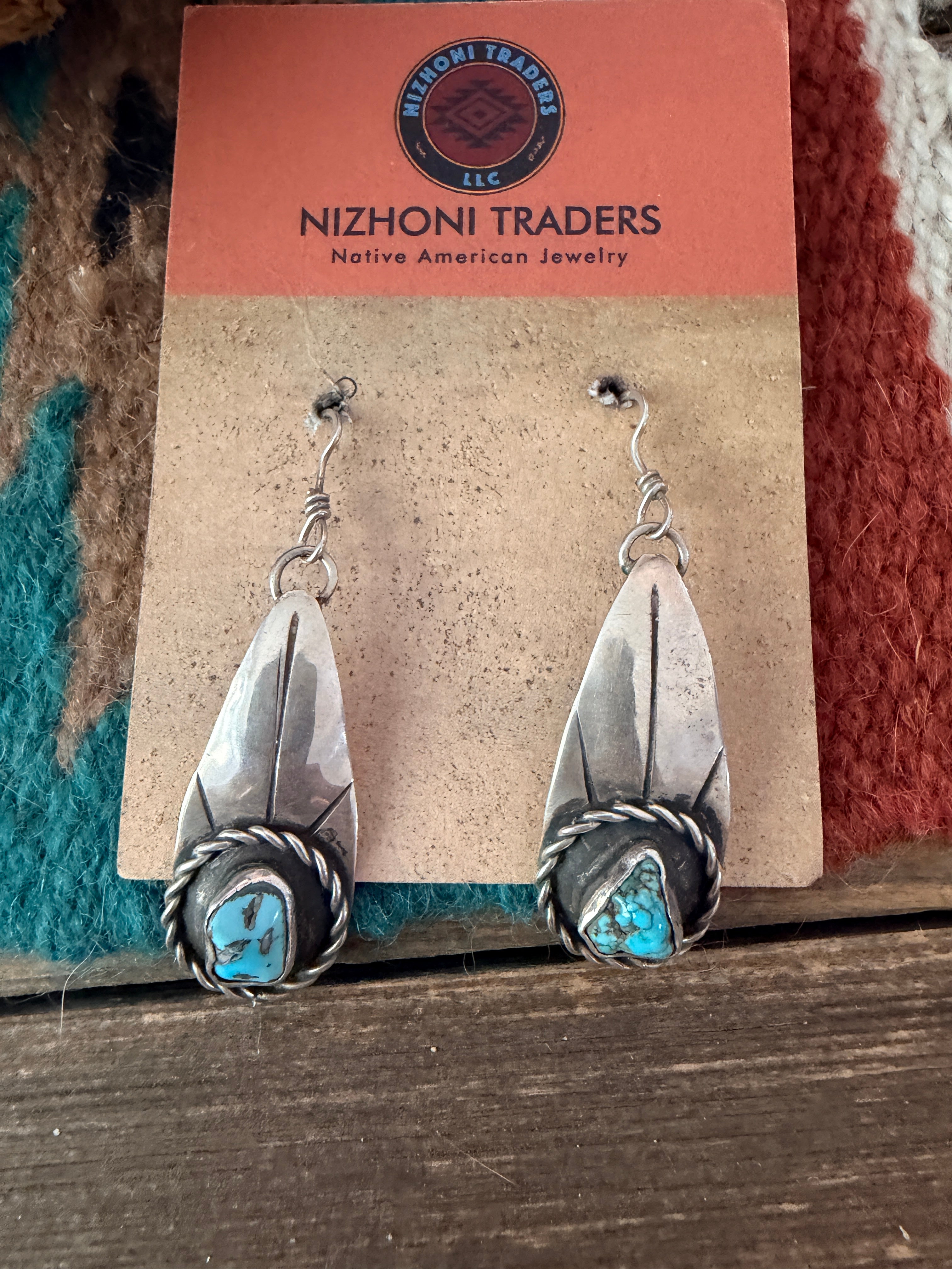 Old Pawn Handcrafted Sterling Silver & Turquoise Dangle Earrings