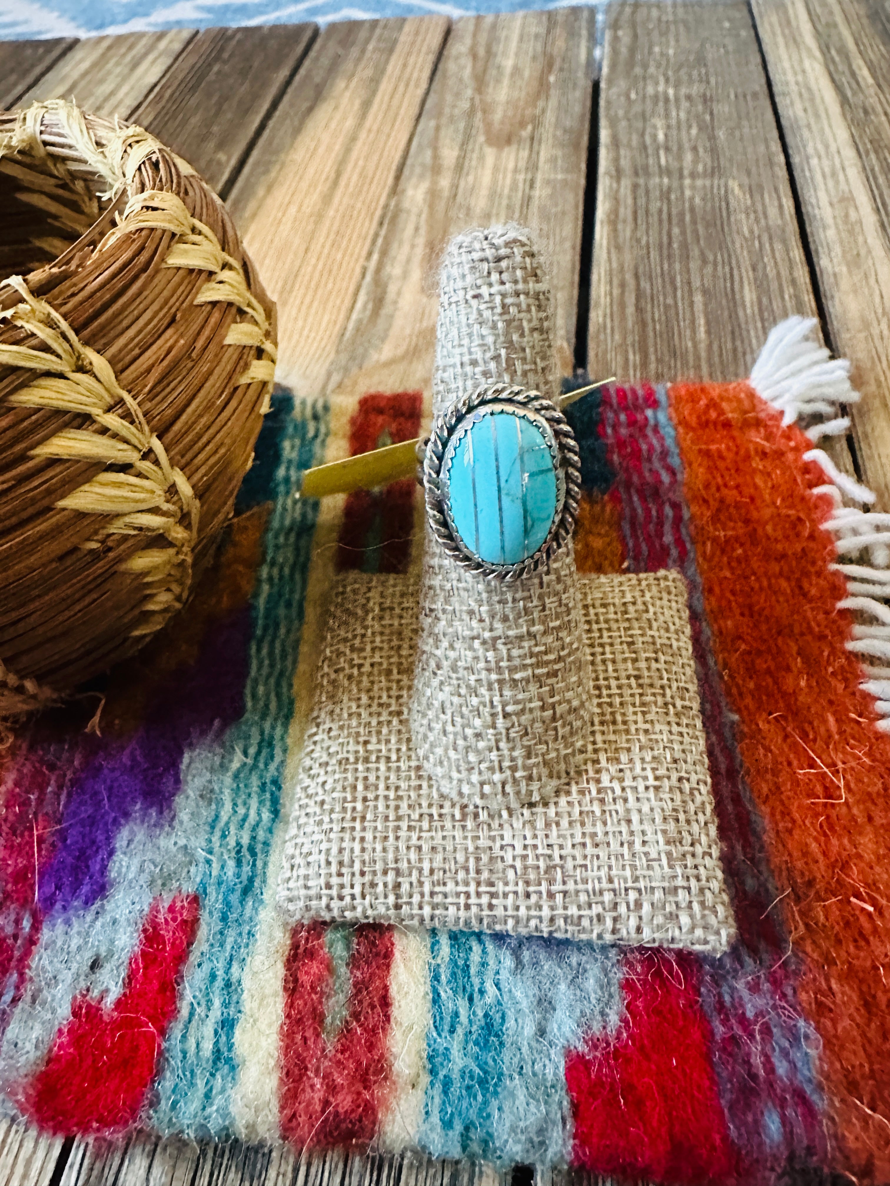 Old Pawn Handcrafted Turquoise & Sterling Silver Inlay Ring Size 7