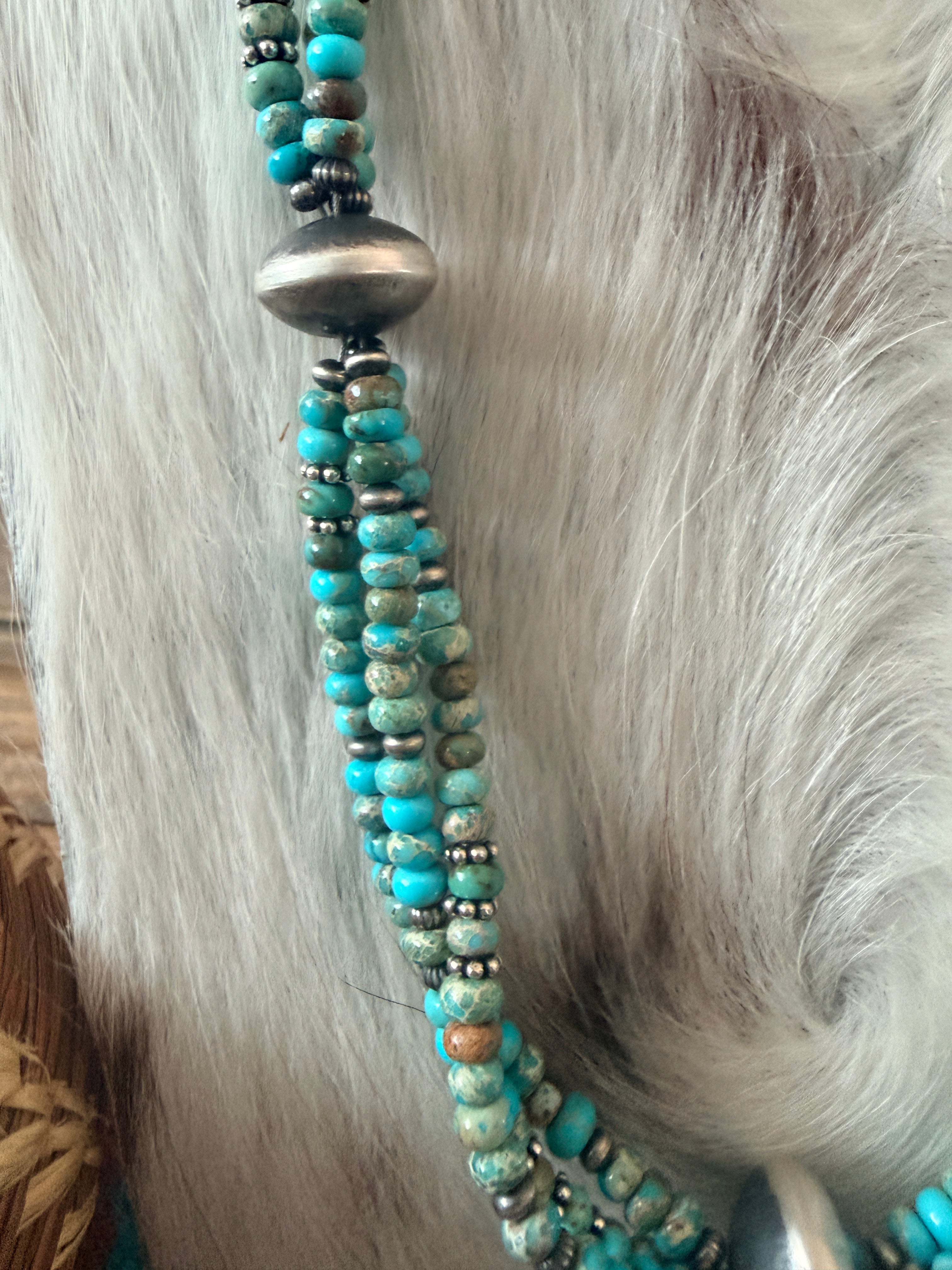 Handcrafted Turquoise & Sterling Silver Pearl 30" Beaded Necklace