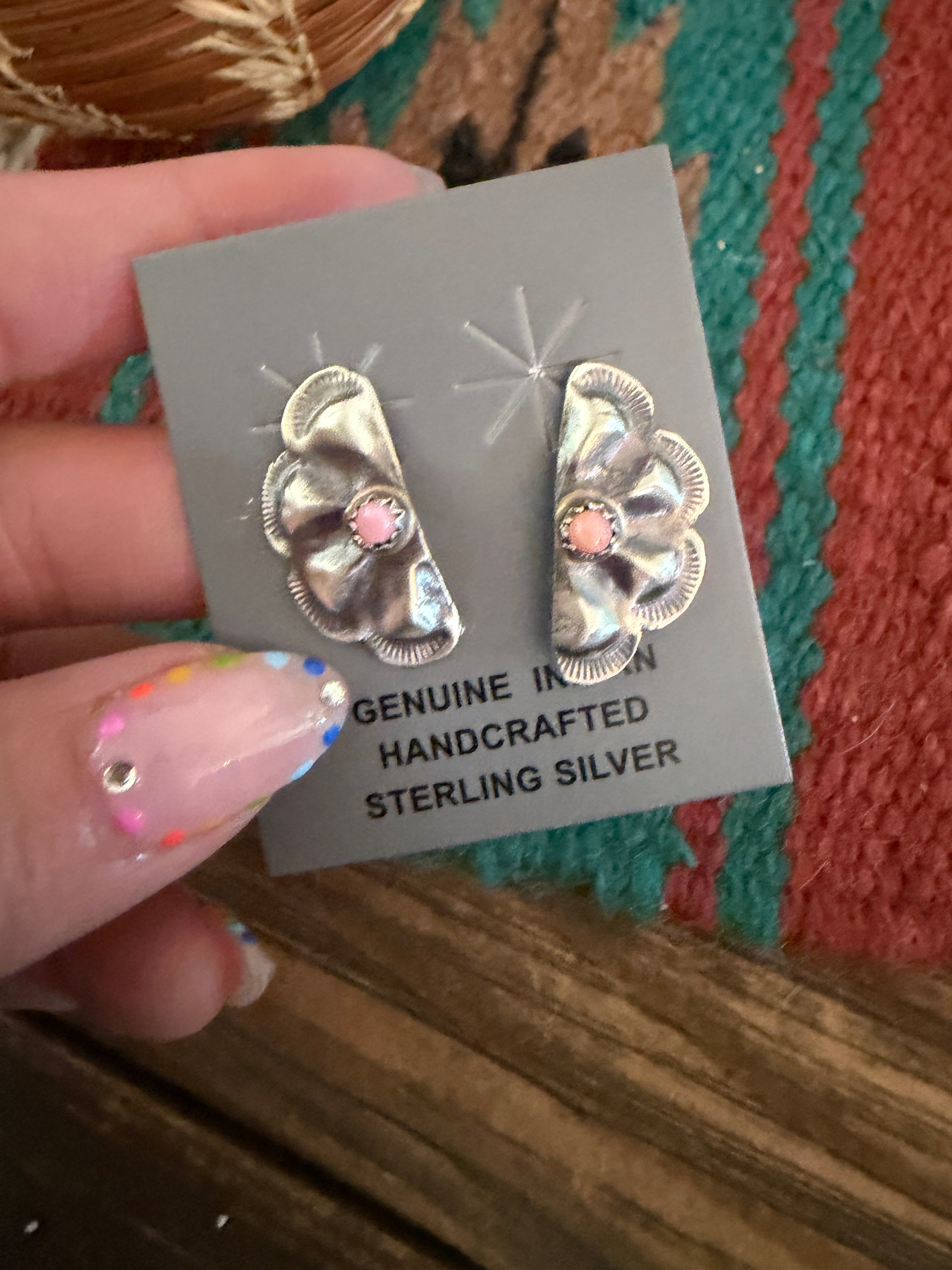 Handcrafted Queen Pink Conch & Sterling Silver Concho Post Earrings