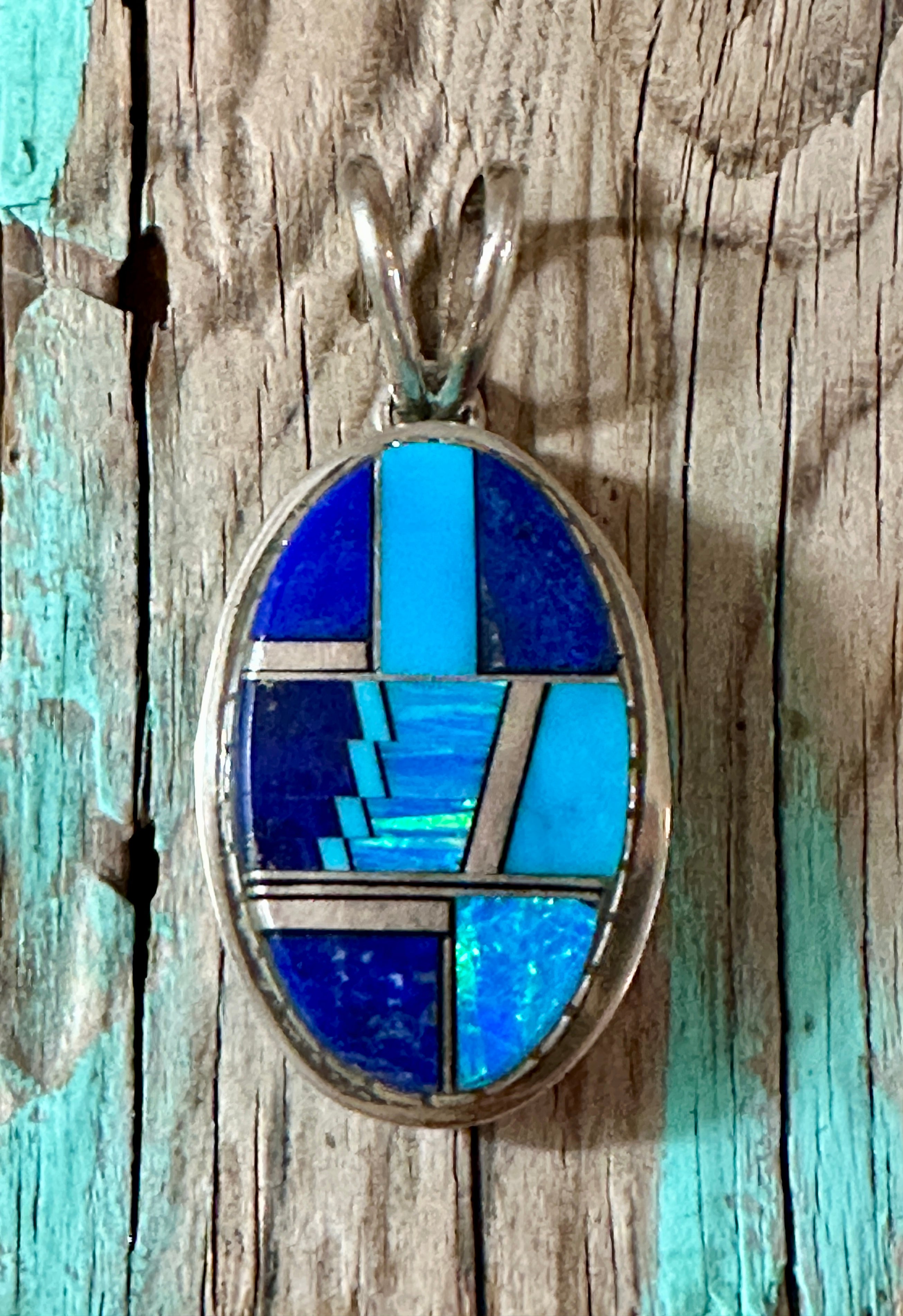 Handcrafted Lapis, Turquoise, Blue Opal Oval Pendant