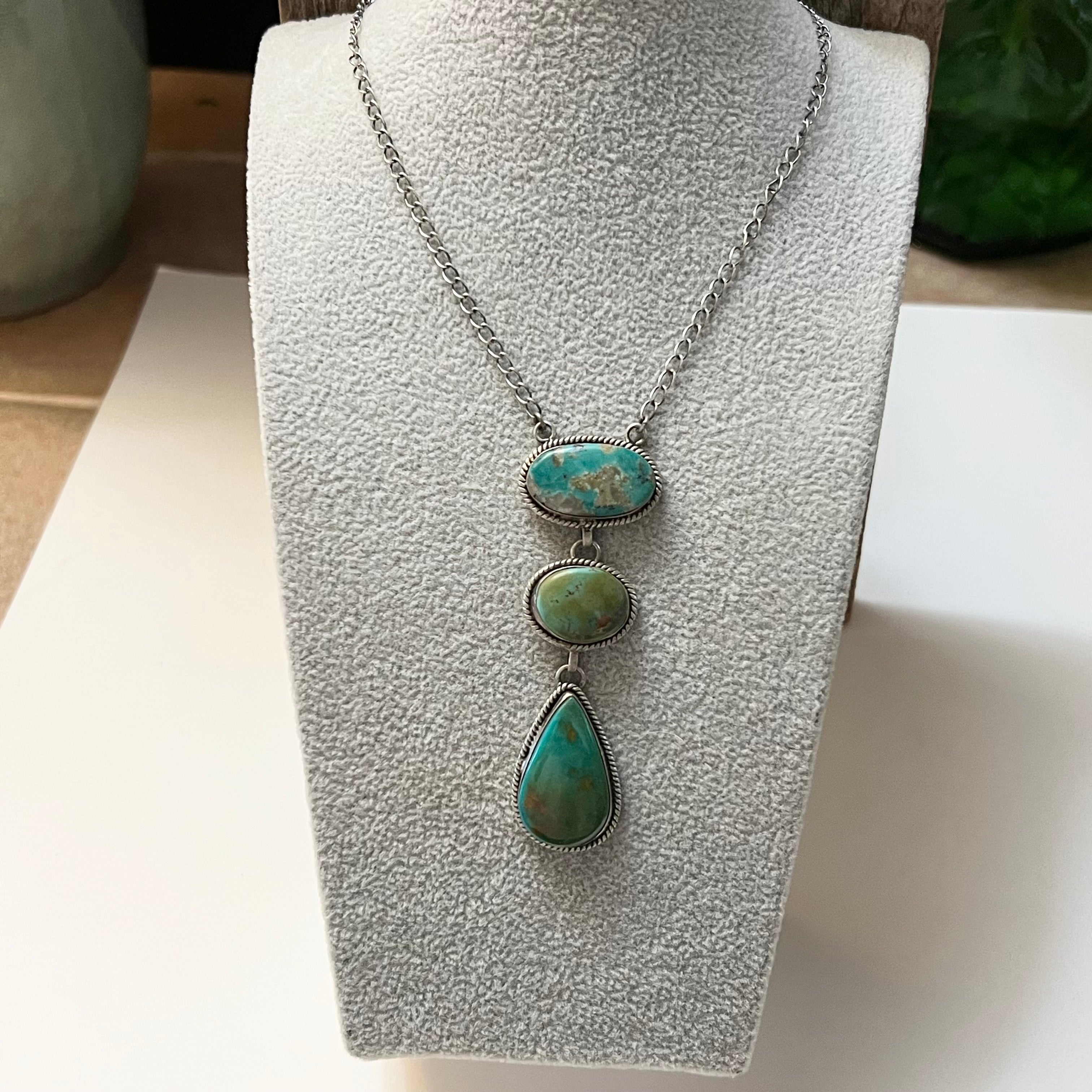 Handmade 3 Stone Turquoise & Sterling Silver Drop Necklace (04)